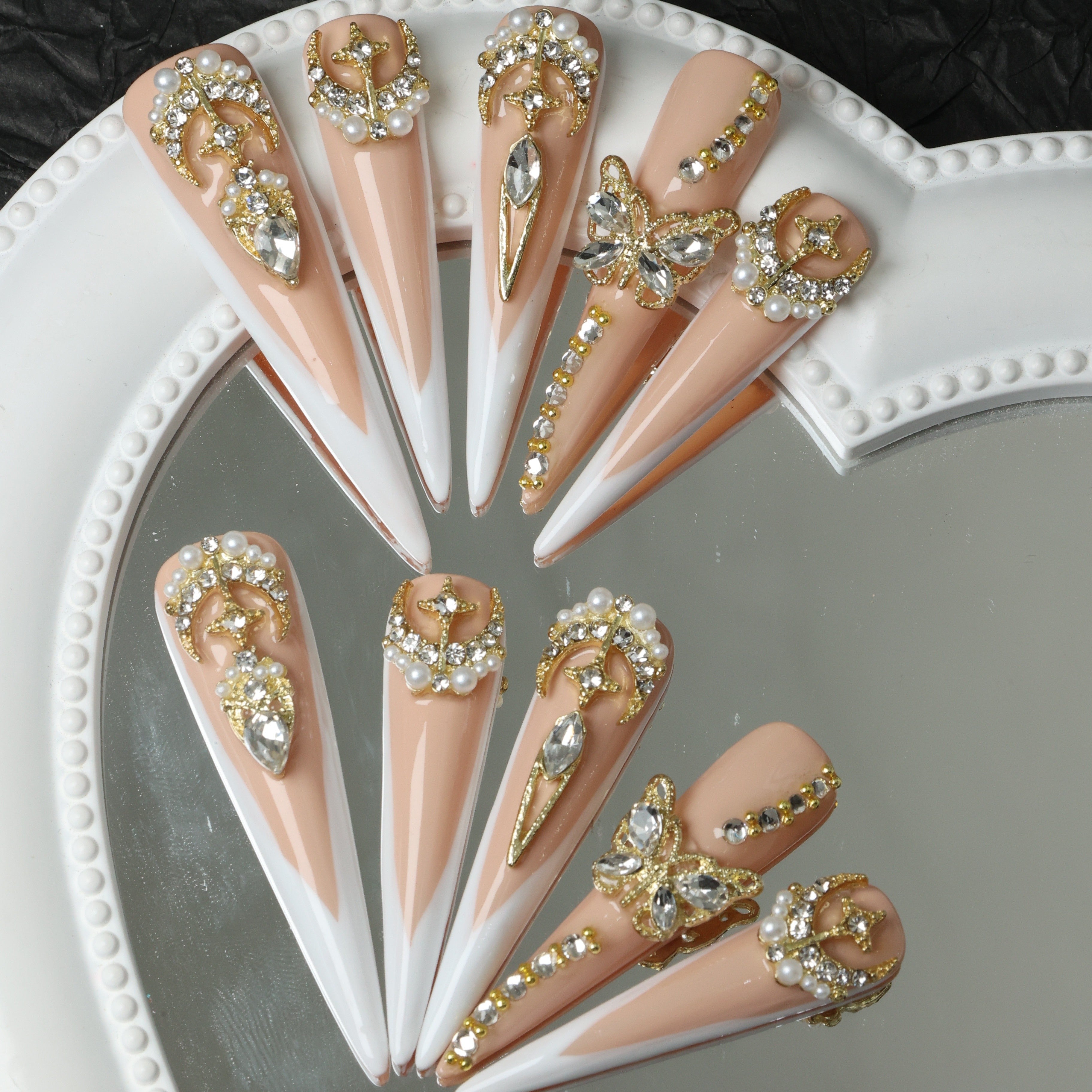 {10pcs} Handmade Extra Long French Press-On Nails with 3D Butterfly & Rhinestone Accents