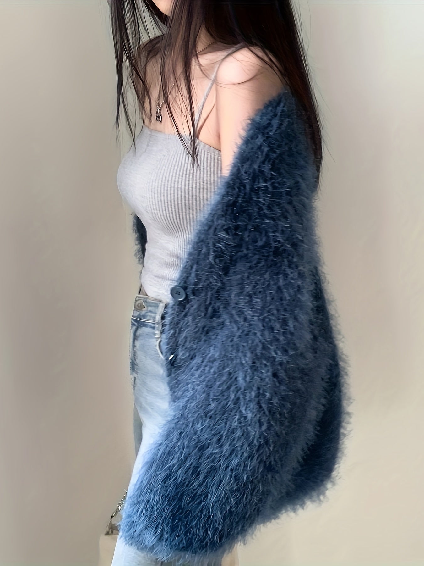 Women's Cozy V-Neck Sweater Coat Imitation Mink Cardigan - Loose Fit Long Sleeve Medium Stretch Fall Winter Casual Outerwear, Cute Sweater, Seasonal Wardrobe, Relaxed Silhouette, Soft Fabric, Casual Attire