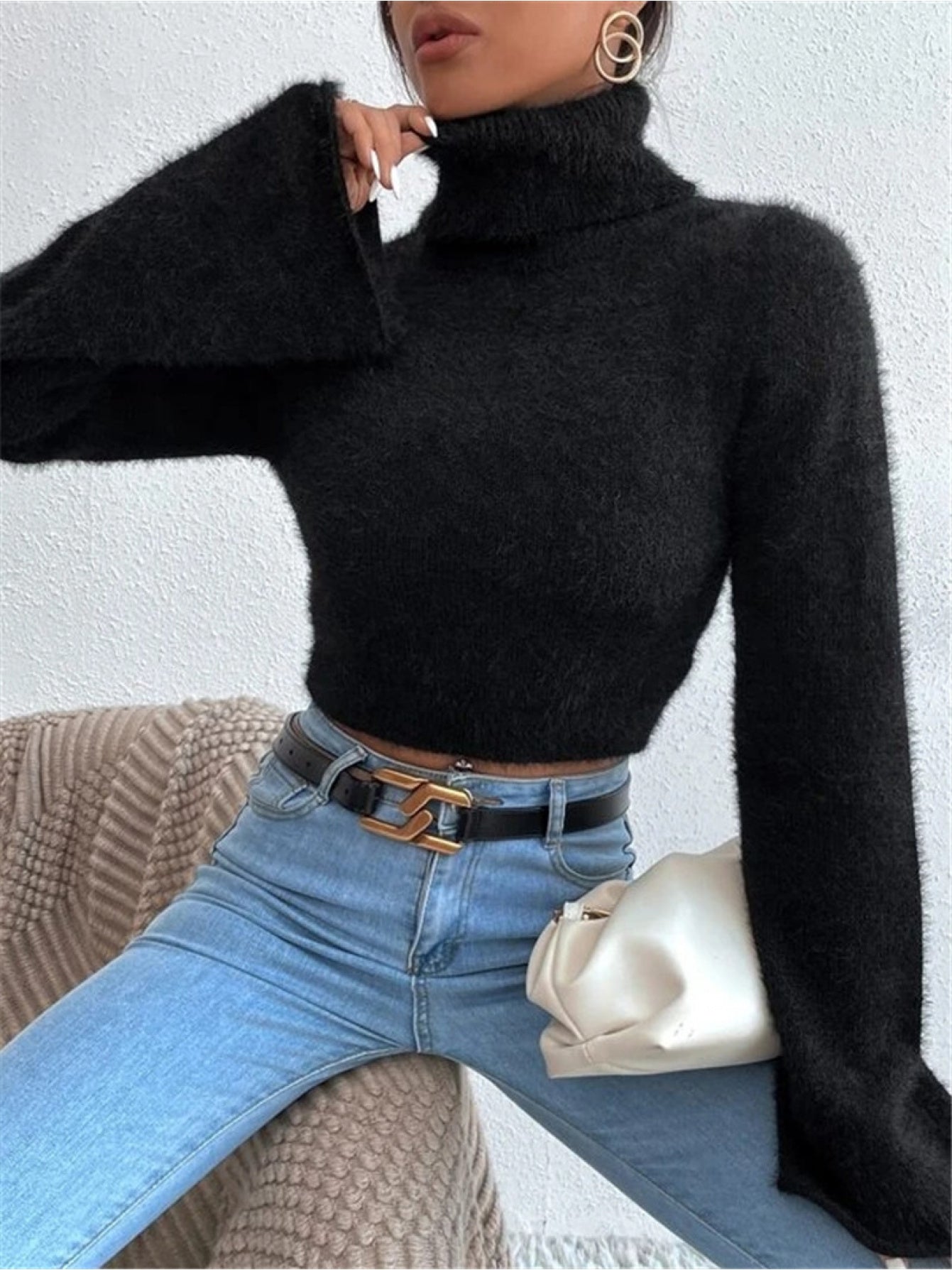 Plush Turtleneck Crop Top Sweater