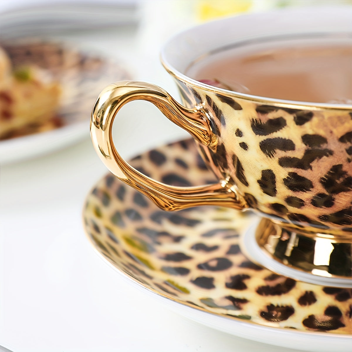 Leopard Print Ceramic Tea Cup、Spoon And Saucer Set
