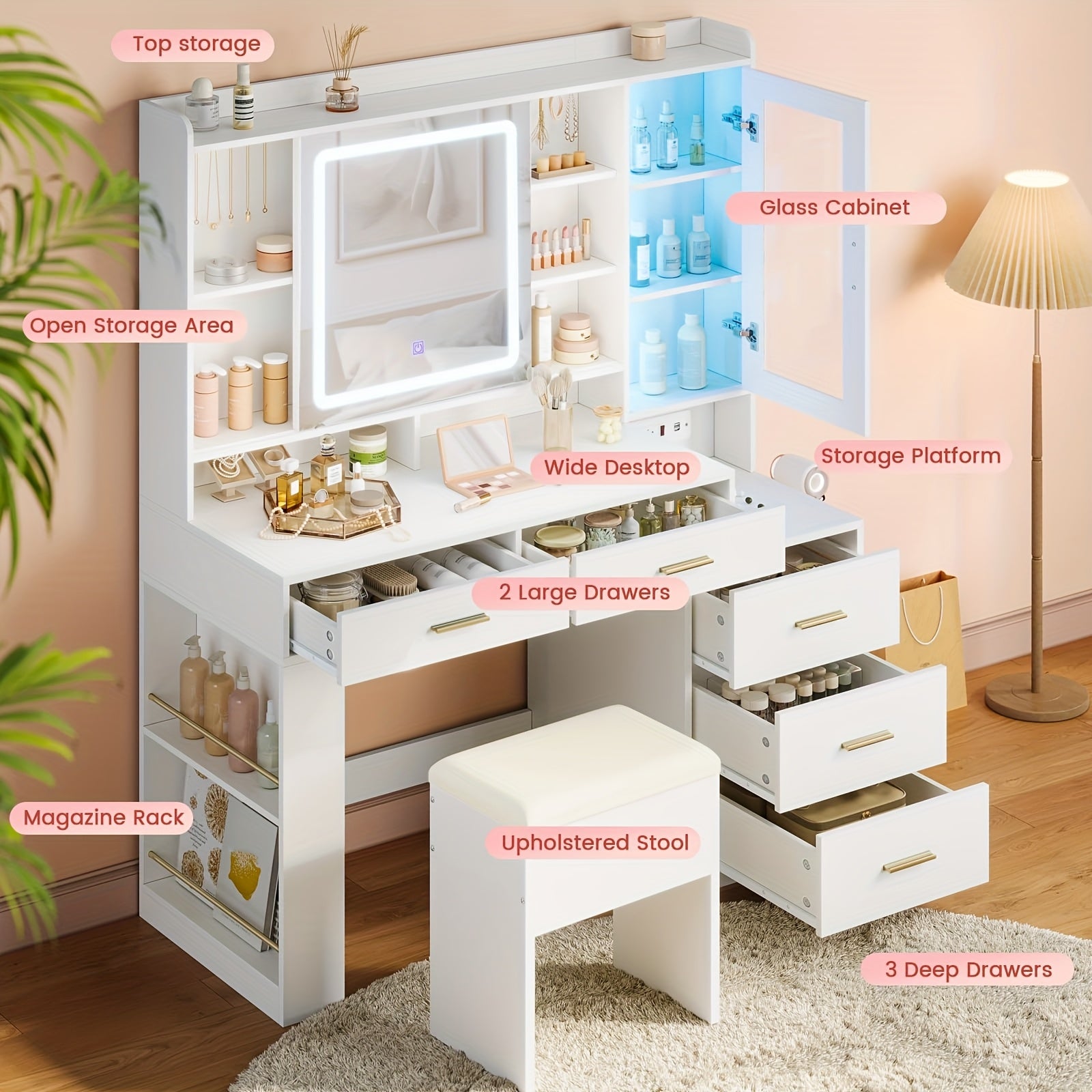 Makeup Vanity With Sliding LED Lighted Mirror And Charging Station