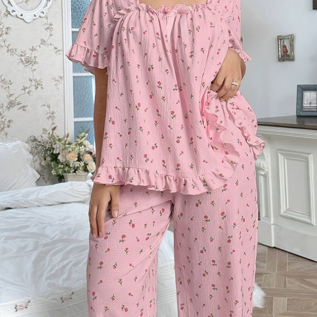 Casual Loose Floral Print Square Neck Bow Decor Pleated Hem Ruffle Edge Short Sleeve Top Set