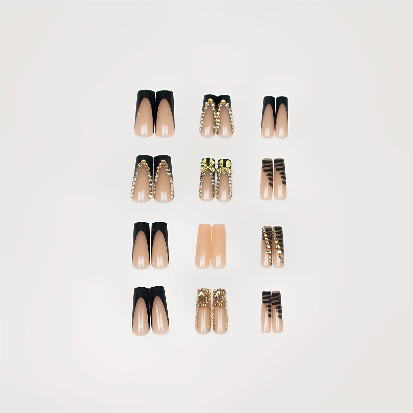 24pcs Long Square Press On Nails Black Nail Tips Fake Nails XXL/XXXL Long Square with 3D Black Bowknot & Golden Rhinestone Luxurious Style for Women Nails Art