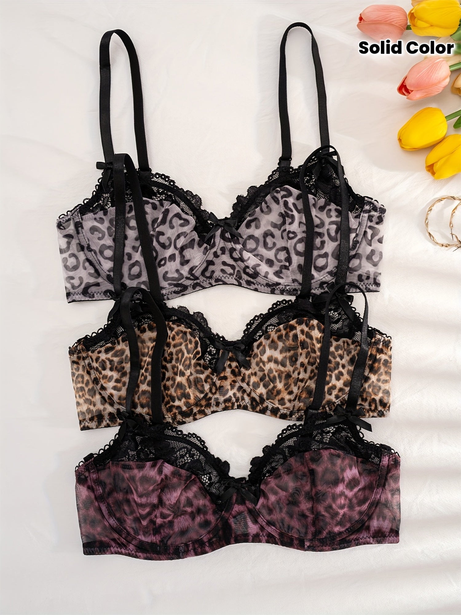 3pcs Women's Solid Color Leopard Print Underwire Comfort Bras