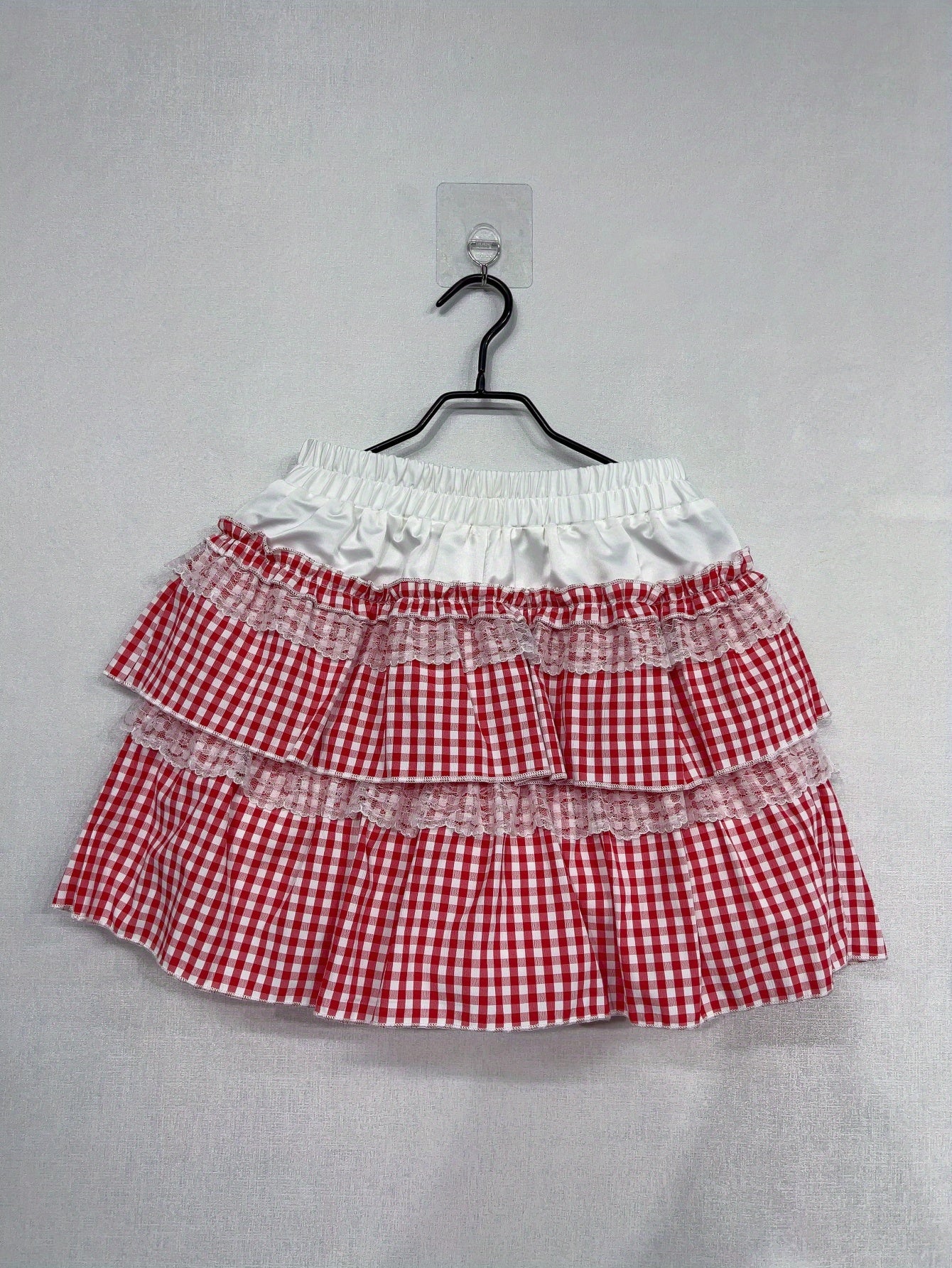 Plaid Print Lace Trim Elastic Waist Mini Skirt