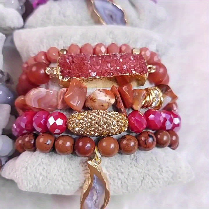5pcs Boho Beaded Bracelet Set, Stackable Multi-Layer Handmade Stretch Bracelets, Bohemian Elegant Style Suitable For Women Stackable