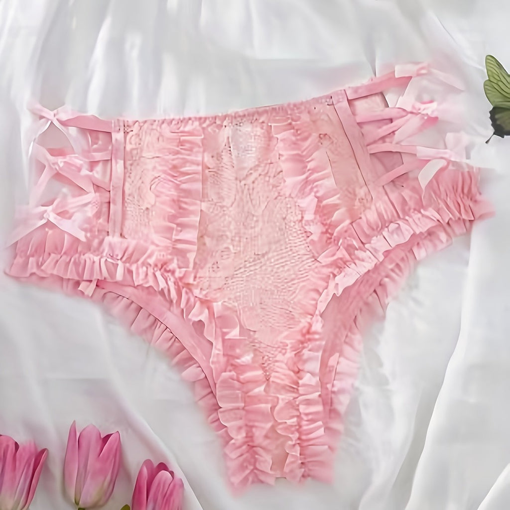 Lace Mesh Patchwork Ruffled Flounce Bow Fashion Underwear