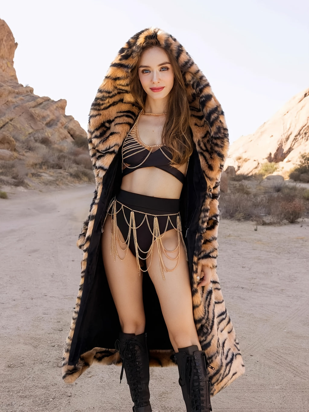 Women's Elegant Leopard Print Hooded Coat with Faux Grass Lining - Long Winter Warmth, Slim-Fit Tailored Outerwear, Single-Breasted Closure & Luxurious Fur-Like Texture for Casual & Formal Outfits (Dry Clean Only) - Autumn/Wi