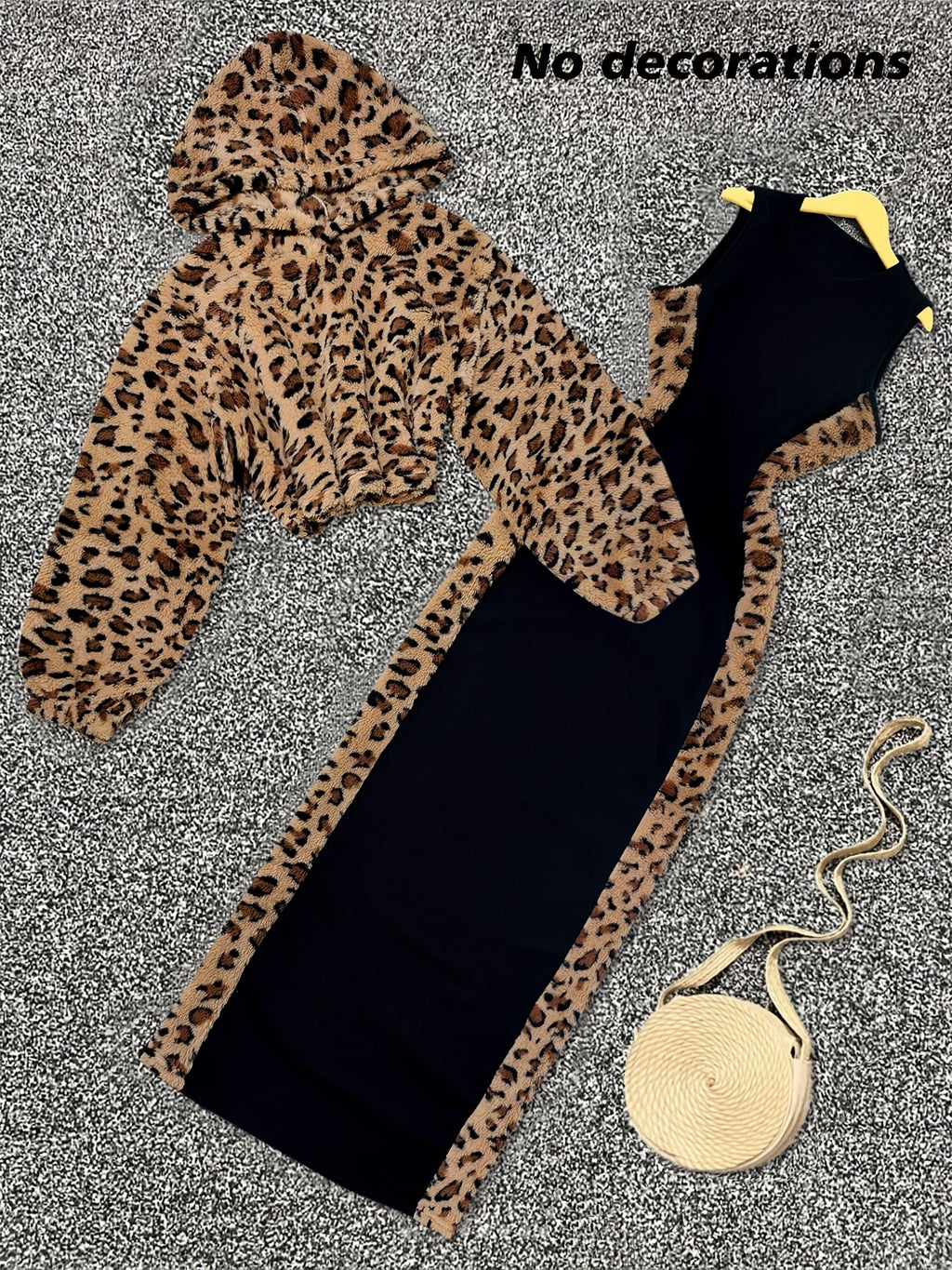 Women'S Y2K Style Dark Leopard Print Plush Hooded Long Sleeve Crop Top & Black Spliced Leopard Print Sleeveless Dress Set, 2pcs Outfit for Fall/Winter, Casual Attire|Y2K Fashion|Plush Material, Set For Woman, Dress For Woman,
