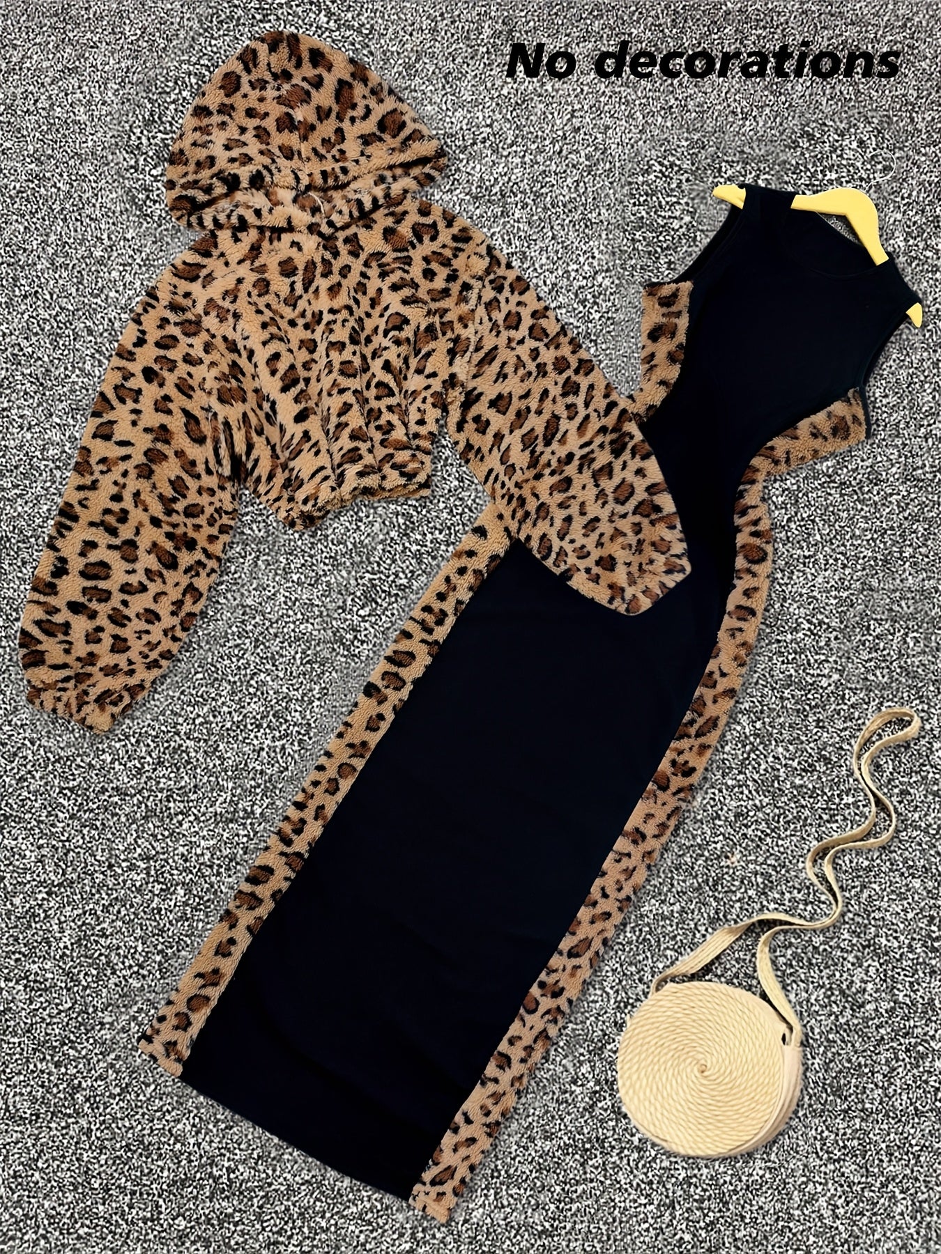 Women'S Y2K Style Dark Leopard Print Plush Hooded Long Sleeve Crop Top & Black Spliced Leopard Print Sleeveless Dress Set, 2pcs Outfit for Fall/Winter, Casual Attire|Y2K Fashion|Plush Material, Set For Woman, Dress For Woman,