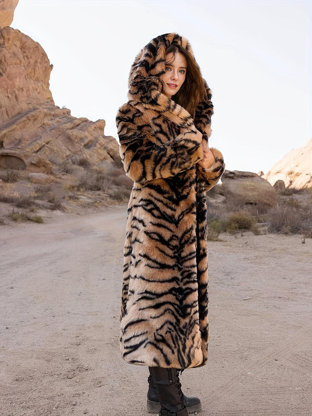 Women's Elegant Leopard Print Hooded Coat with Faux Grass Lining - Long Winter Warmth, Slim-Fit Tailored Outerwear, Single-Breasted Closure & Luxurious Fur-Like Texture for Casual & Formal Outfits (Dry Clean Only) - Autumn/Wi