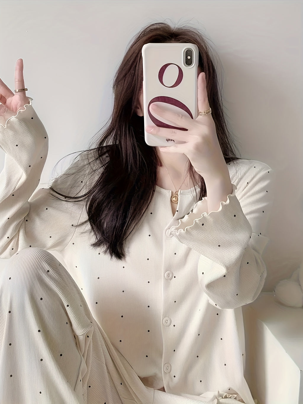 Round Neck Sweet V-Neck Cardigan Long Sleeve Pants Floral Bow Polka Dot Loose Comfortable Pajama Two-Piece Set