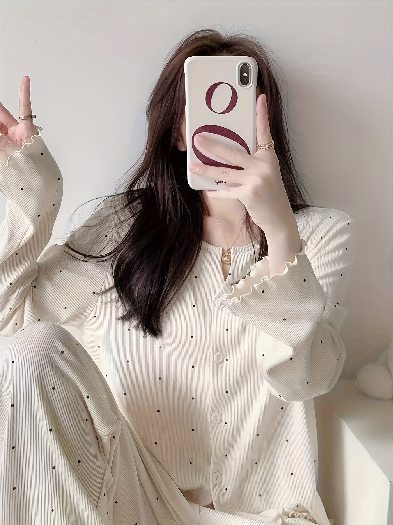 Round Neck Sweet V-Neck Cardigan Long Sleeve Pants Floral Bow Polka Dot Loose Comfortable Pajama Two-Piece Set