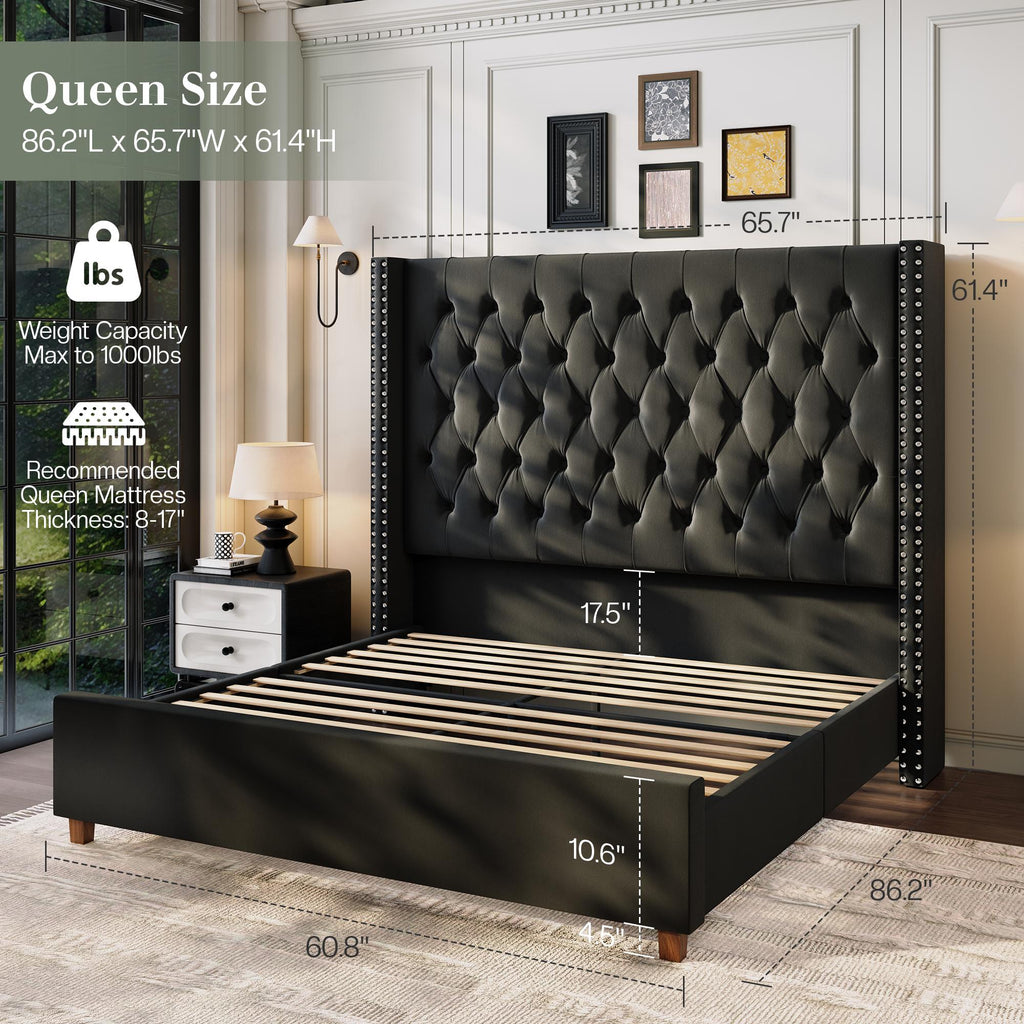 61.4" Tall Luxury Bed Frame with Tufted Wingback Headboard
