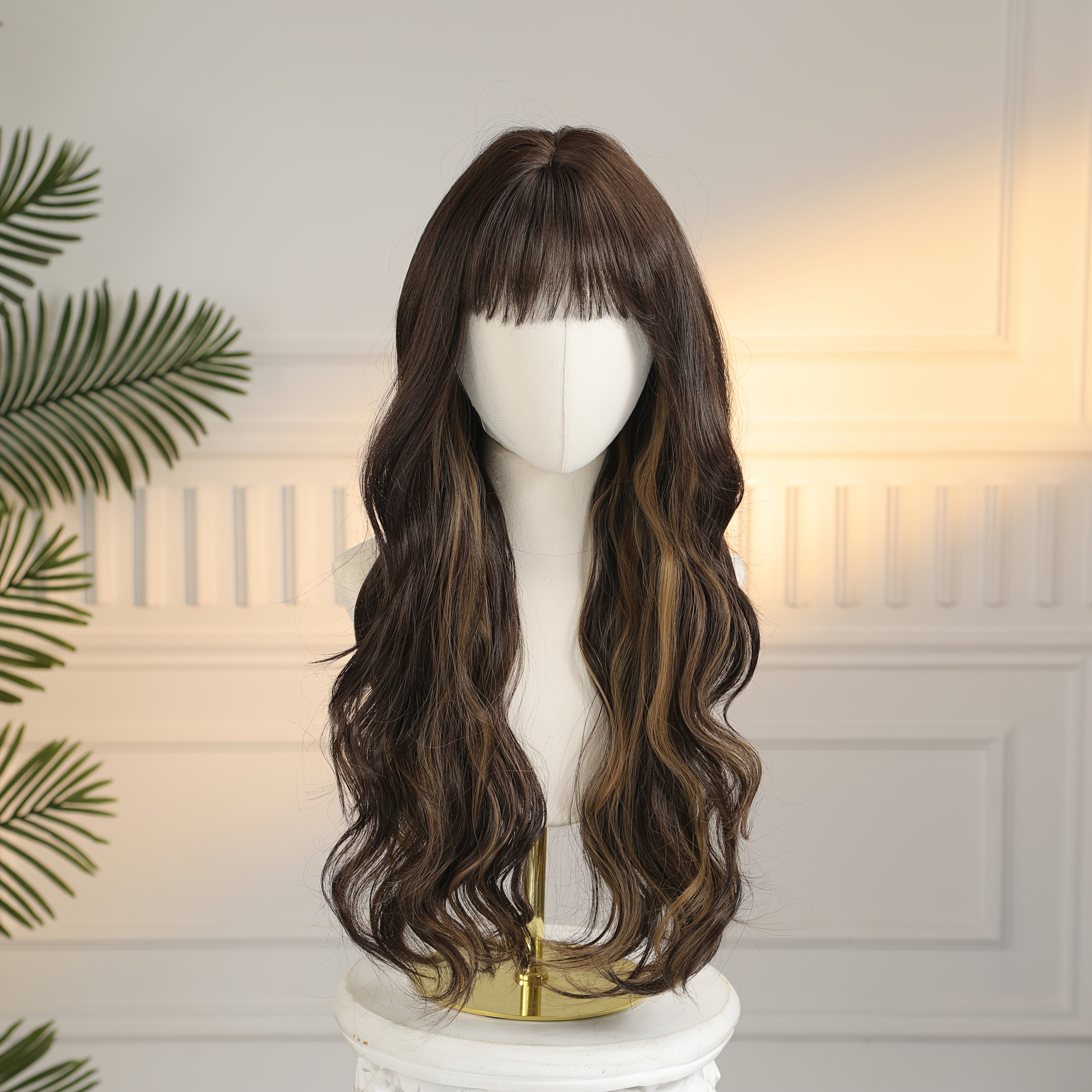 30 Inch Ladies Elegant Gradient Brown Long Curly Wig With Bangs