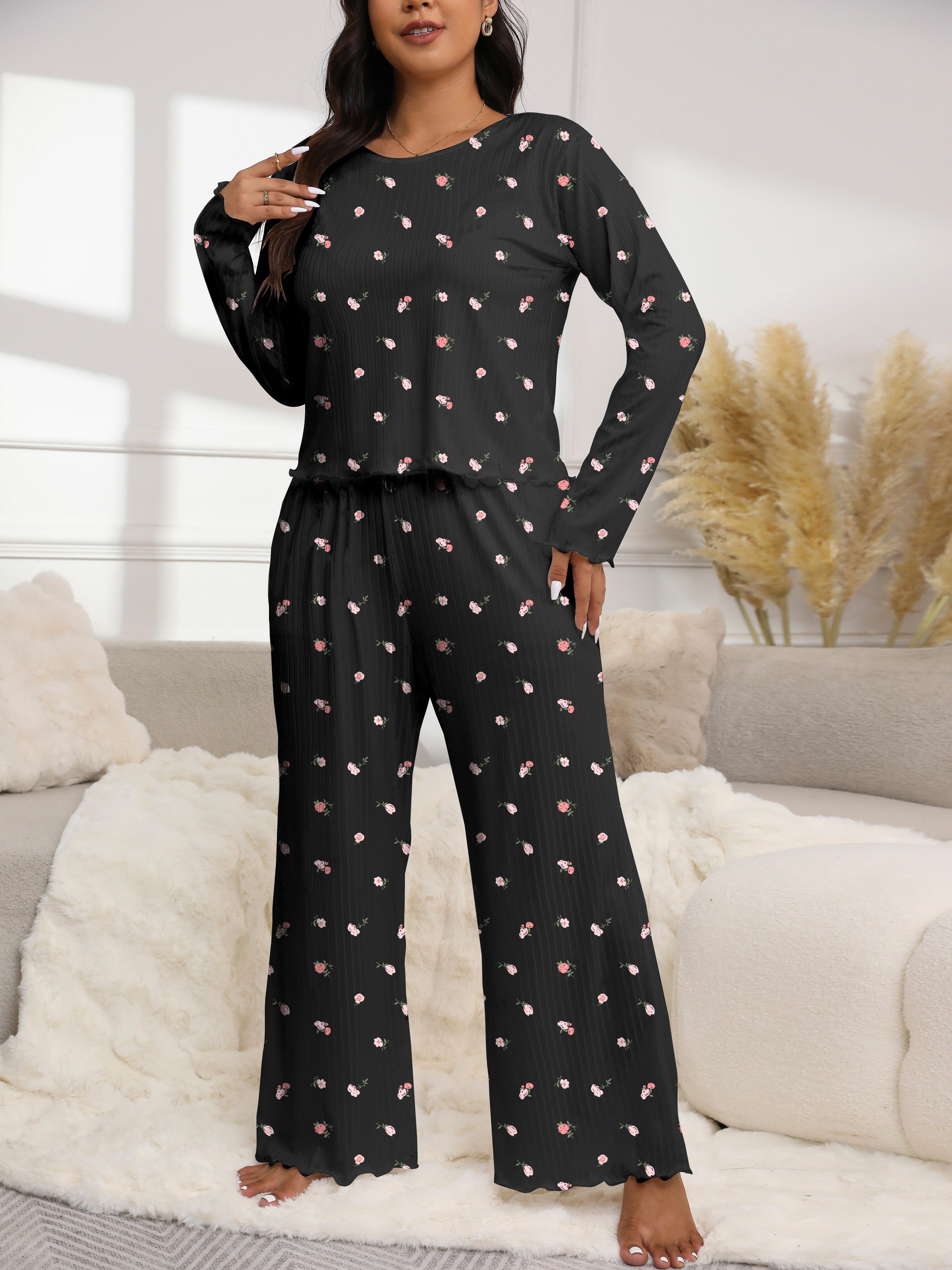 Floral Print Textured Fabric Long Sleeve Pantsuit for Autumn and Winter