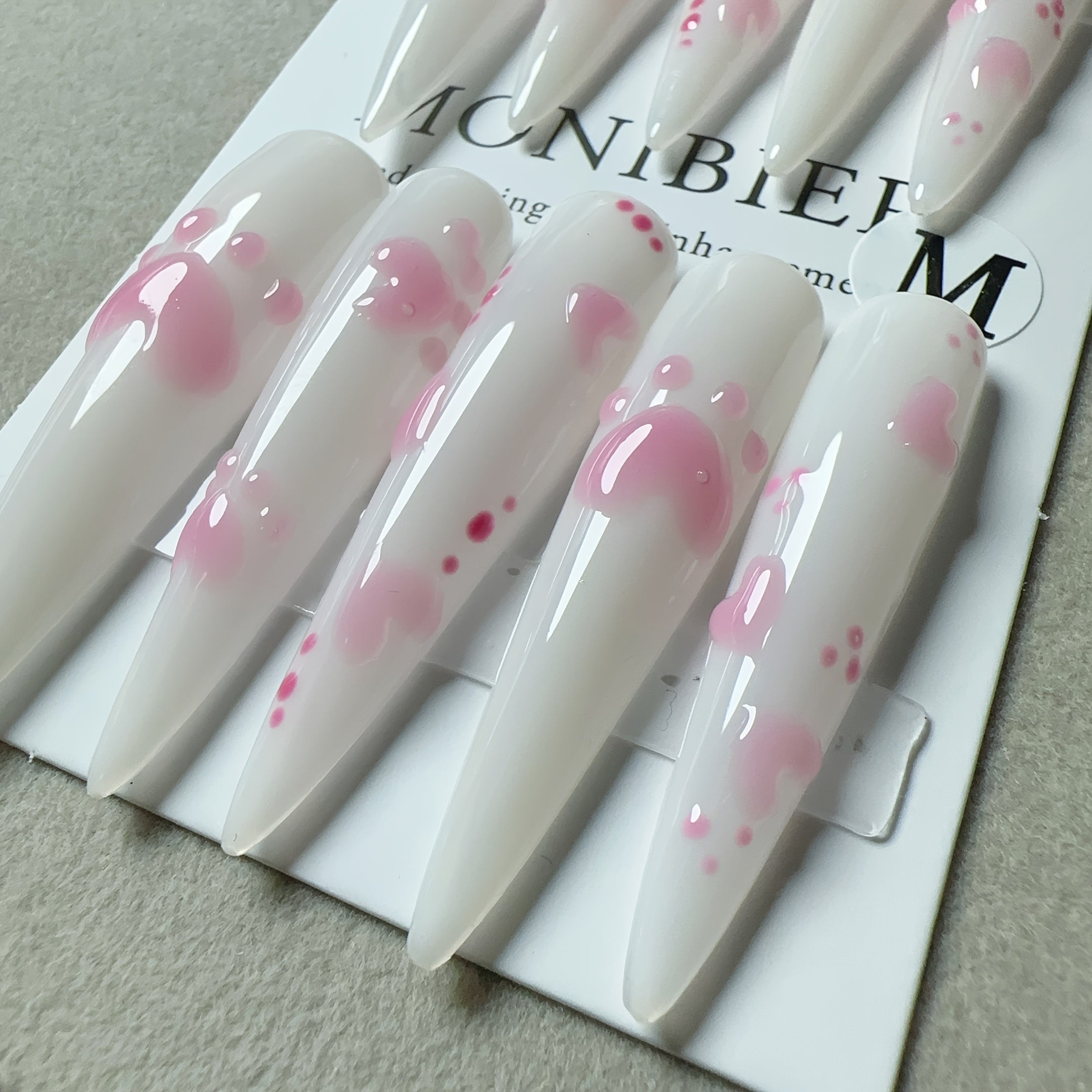 10pcs Set Handmade Wearable Nail Stickers for Women, Full Coverage, Reusable, Super Long Teardrop Shape, Pink & White with 3D Cat Paw and Heart Design, Glossy Finish