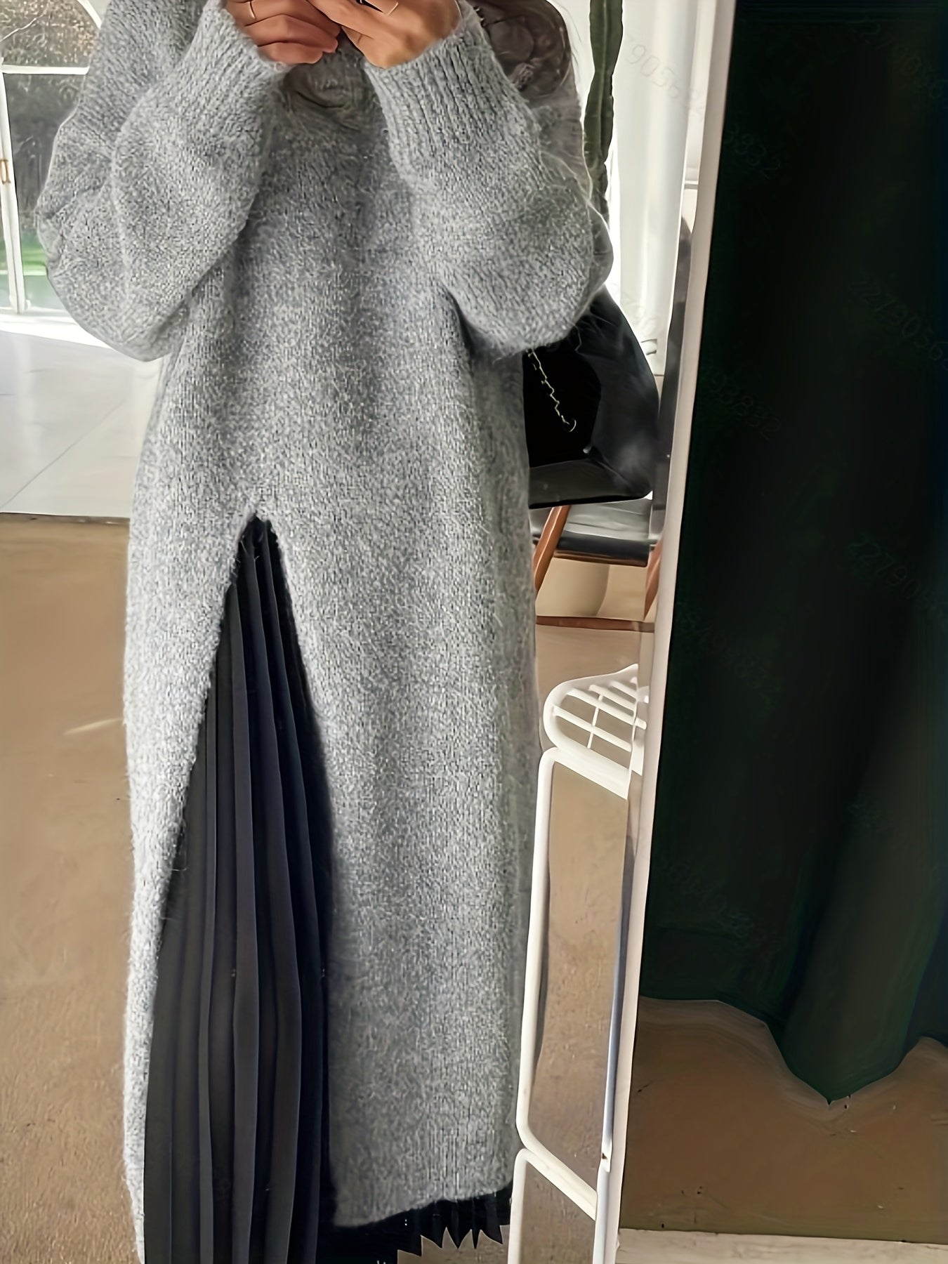 Long Sleeve Crew Neck Dress with Side Slit