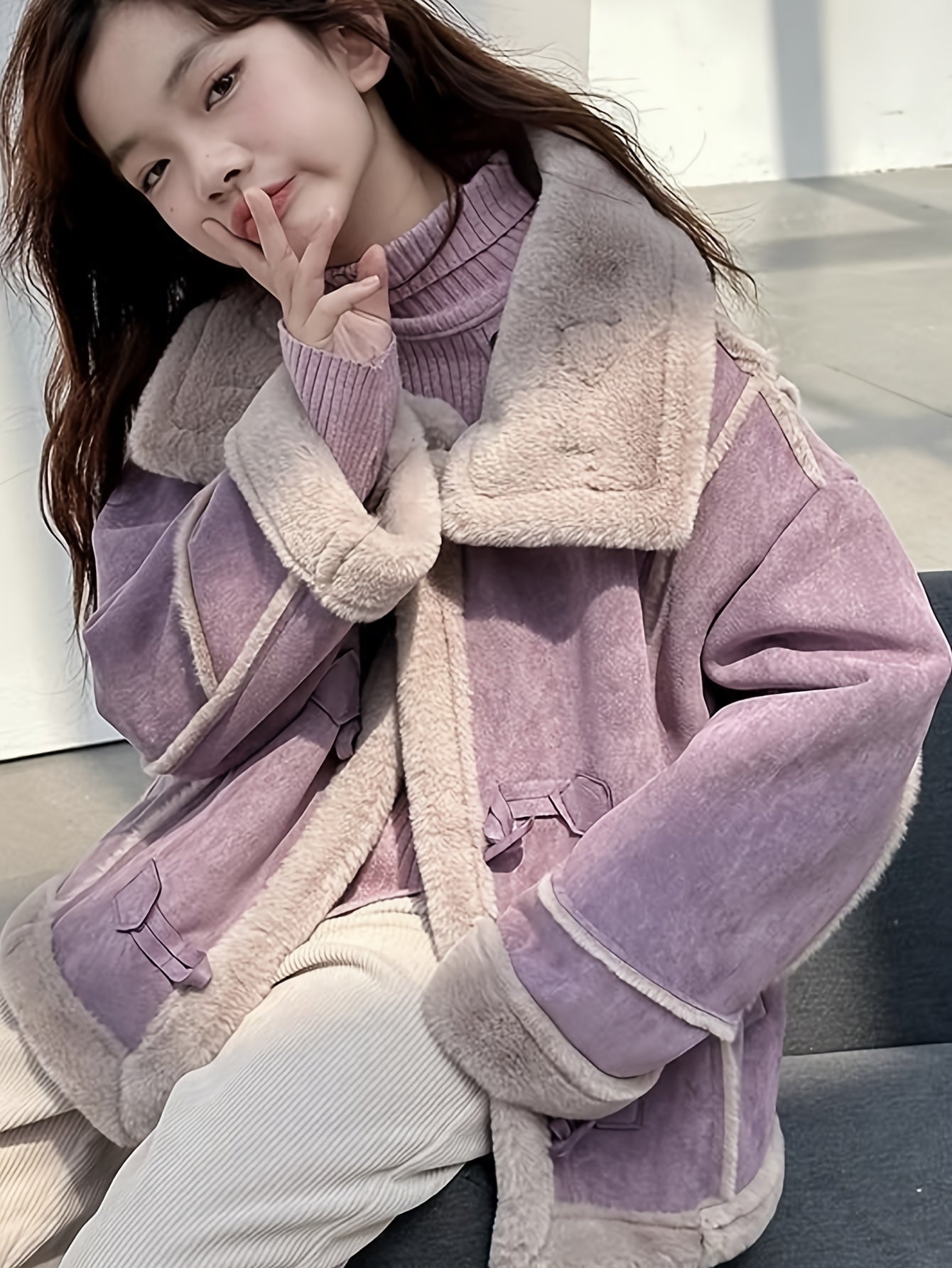 Plush-Lined Button-Front Cardigan-Style Coat with Stand Collar