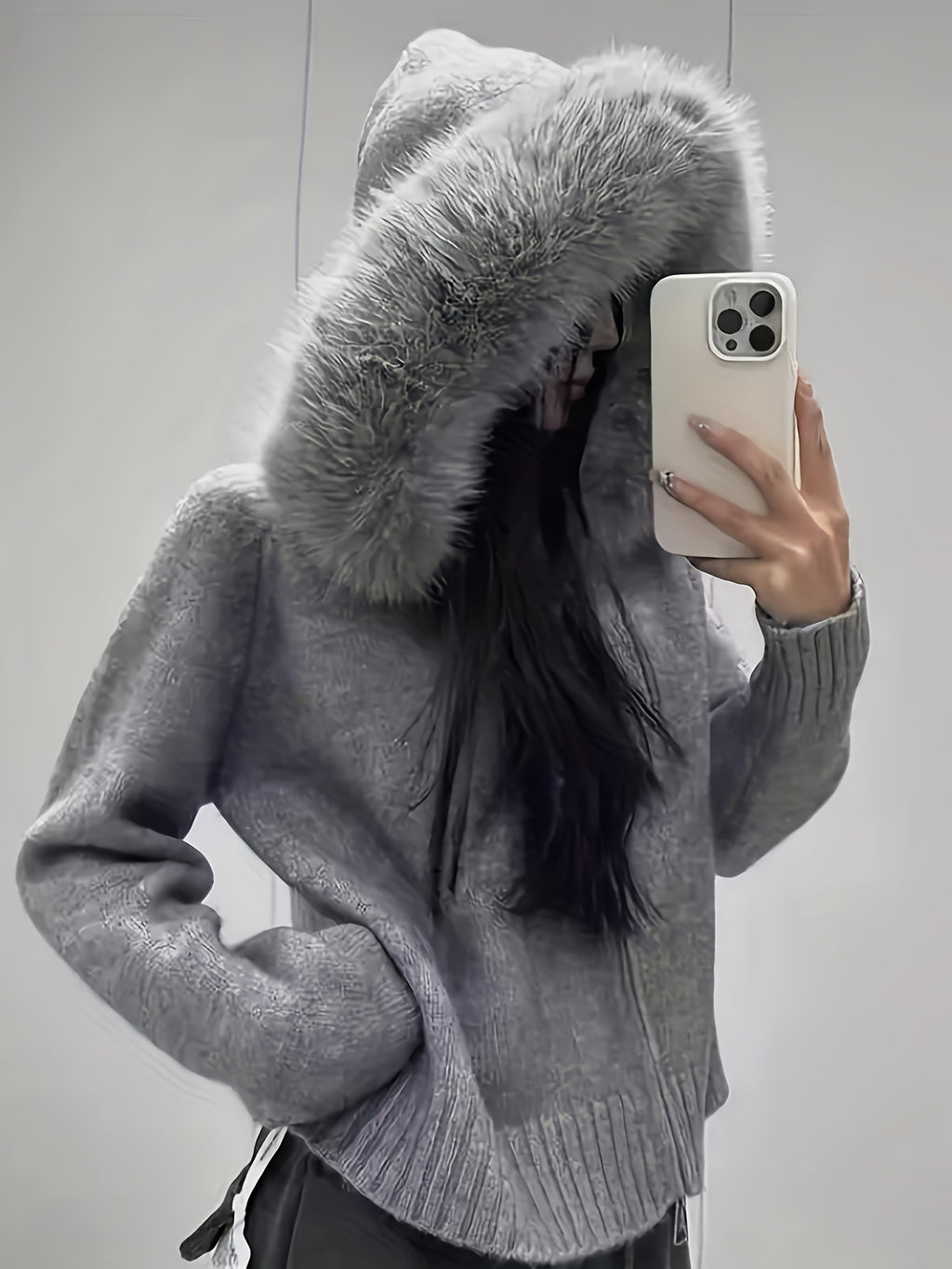Hooded Zip-Up Cardigan with Faux Fur Trim