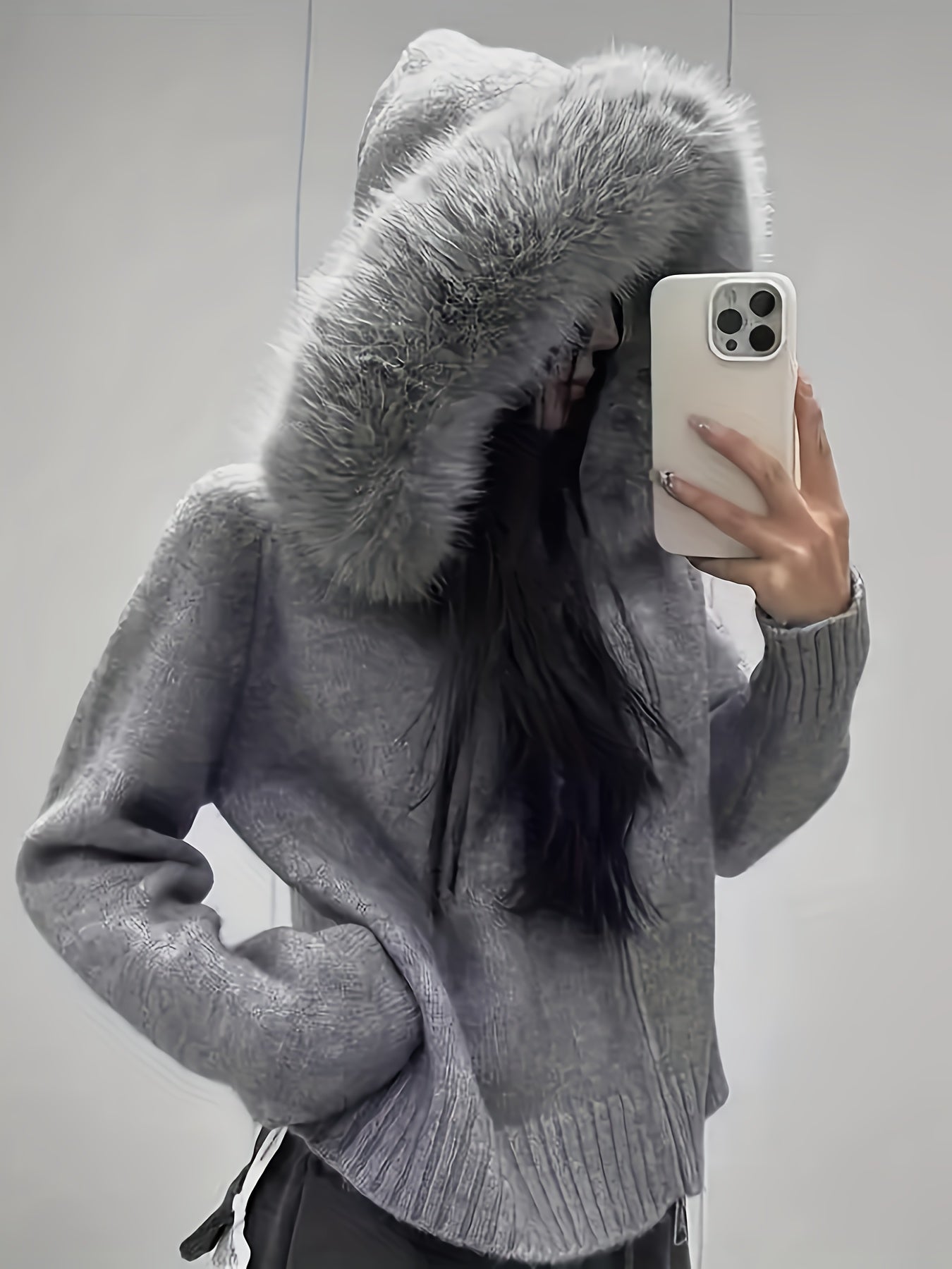 Hooded Zip-Up Cardigan with Faux Fur Trim