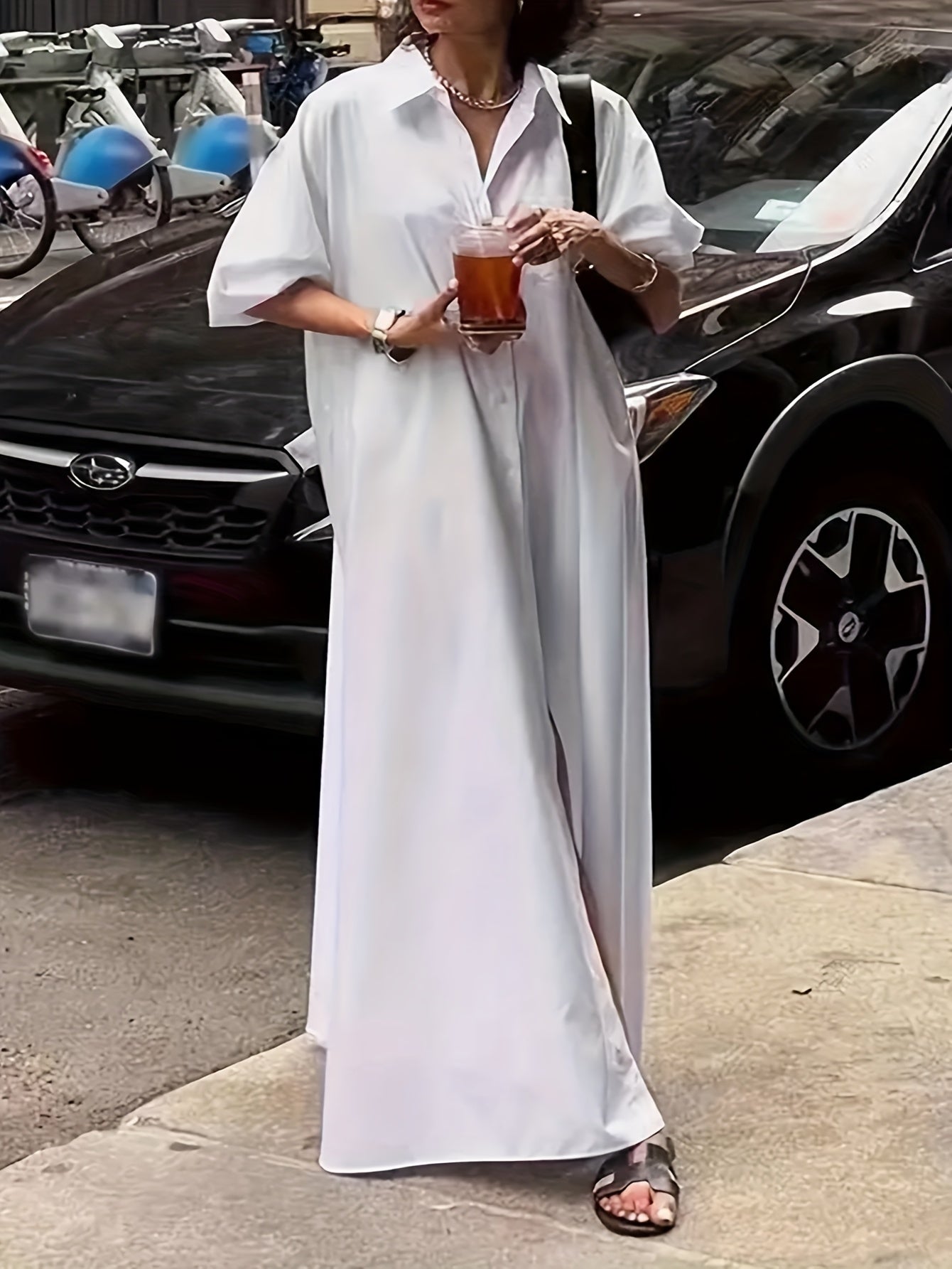 Side Slit Long Loose Button Shirt Dress