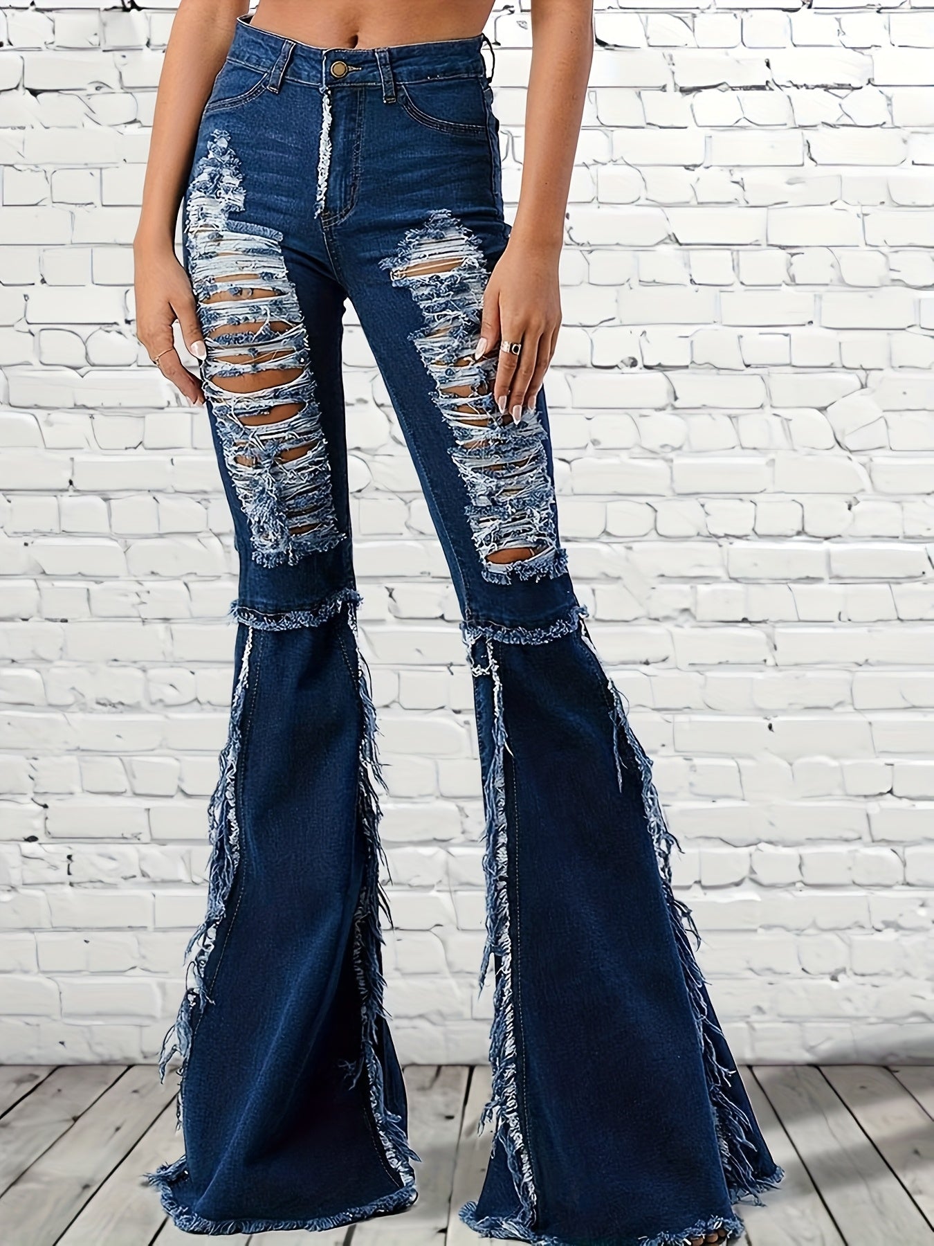 High-Waisted Fringed Ripped Jeans with Irregular Edges & Slim Fit Flared Bell-Bottoms