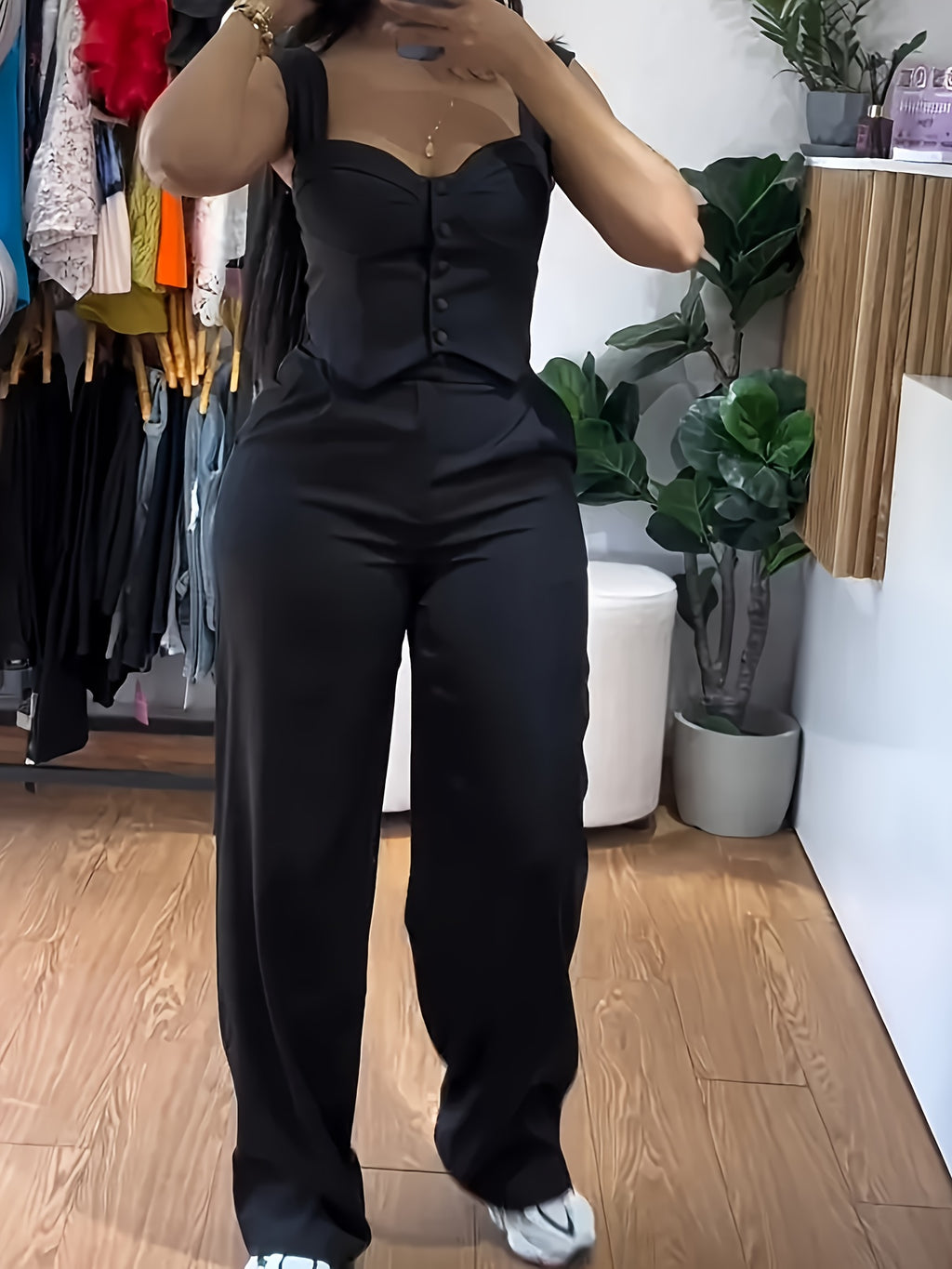 Women'S Yellow Sleeveless Corset Top & Wide-Leg Pants Set - Casual V-Neck with Button Detail, High-Waisted Flared Pants, White Sneakers, and Accessories for a Stylish Outfit, Allseason Attire | Vneck Top | Button Detail Top