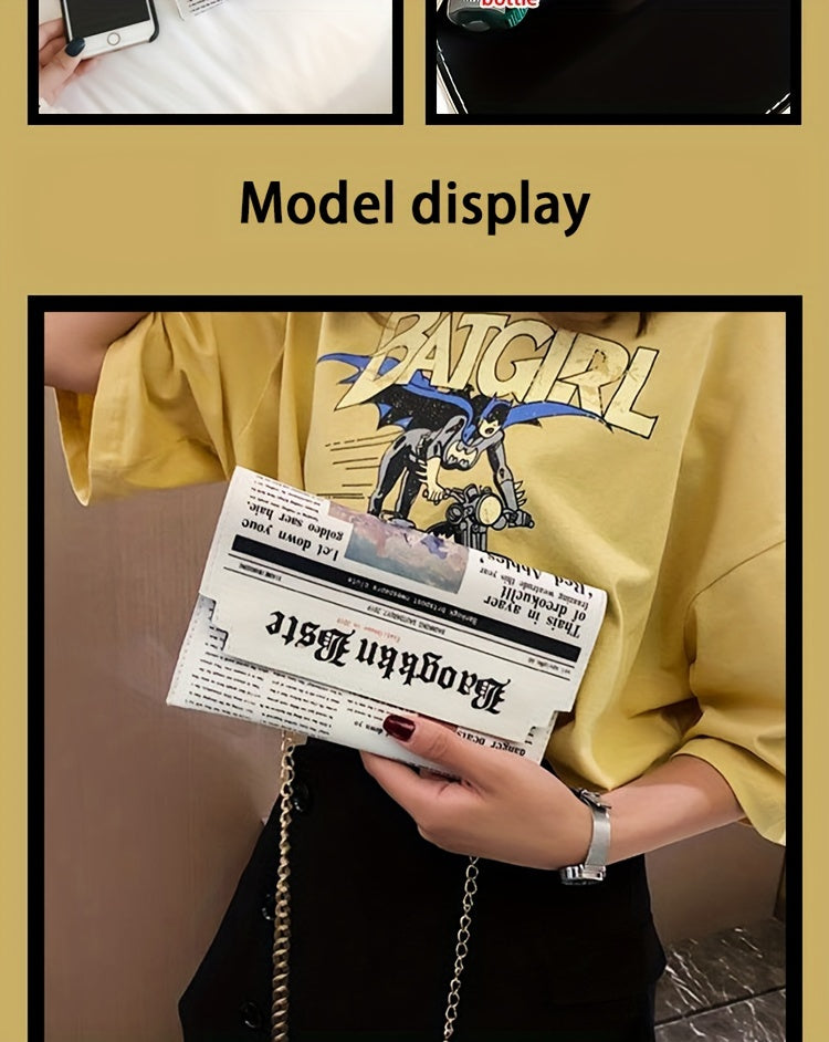 Trendy Chain Crossbody Newspaper Clutch Bag - Women's Envelope Flap Purse For Party Prom