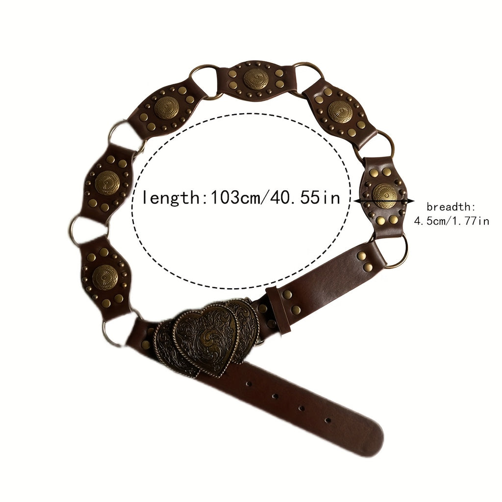 1pc Women's PU Leather Belt - Y2K Retro Bohemian Style Carved Wide Waistband with Heart-Shaped Buckle & Rivet Details, Versatile Trouser Belt for Daily Wear, Evening Out, Festive Occasions - All-Season Fashion Accessory, Even