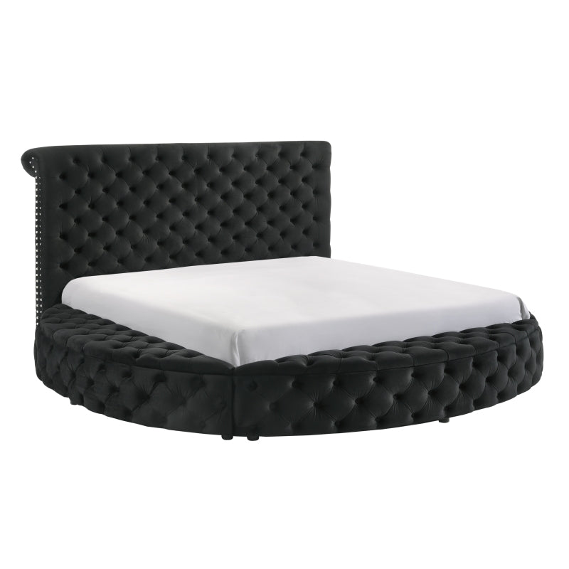 Queen Size Round Plush Black Veet Button-Tufted Storage Bed Frame