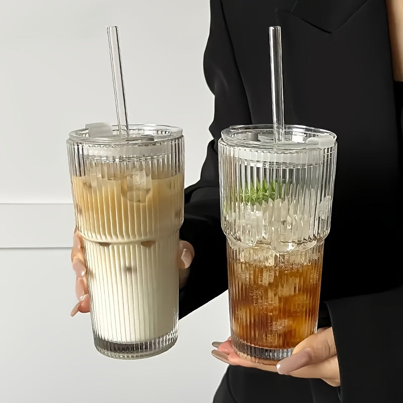 {1/2/4pcs] LDQ Striped Glass Cups with Straws & Lids