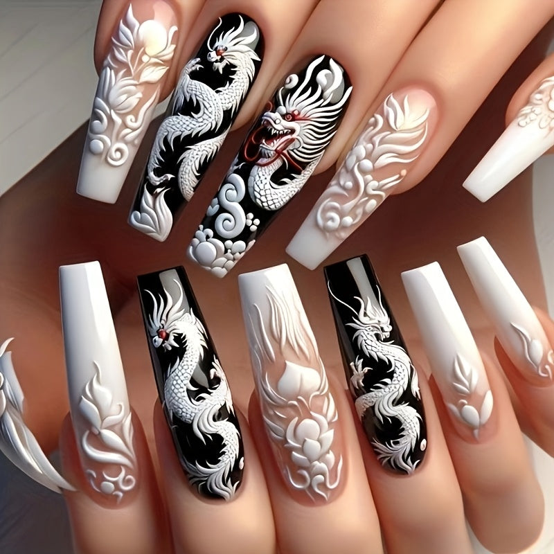 {24pcs} Long Glossy White & Black Ballet-Style Nail Art Set