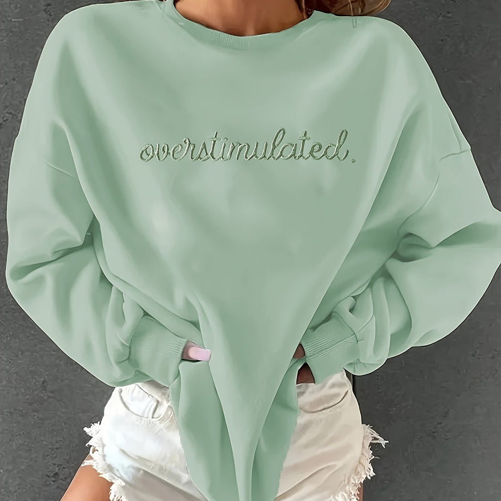 Women'S Sporty Casual Letter Print Crew Neck Sweatshirt - Cozy Fleece-Lined, Machine Washable, Black with "OVERSTIMULATED" Design, Perfect for Fall/Winter, Casual Sportswear | Relaxed Fit Sweatshirt | Machine Washable Top, Sw