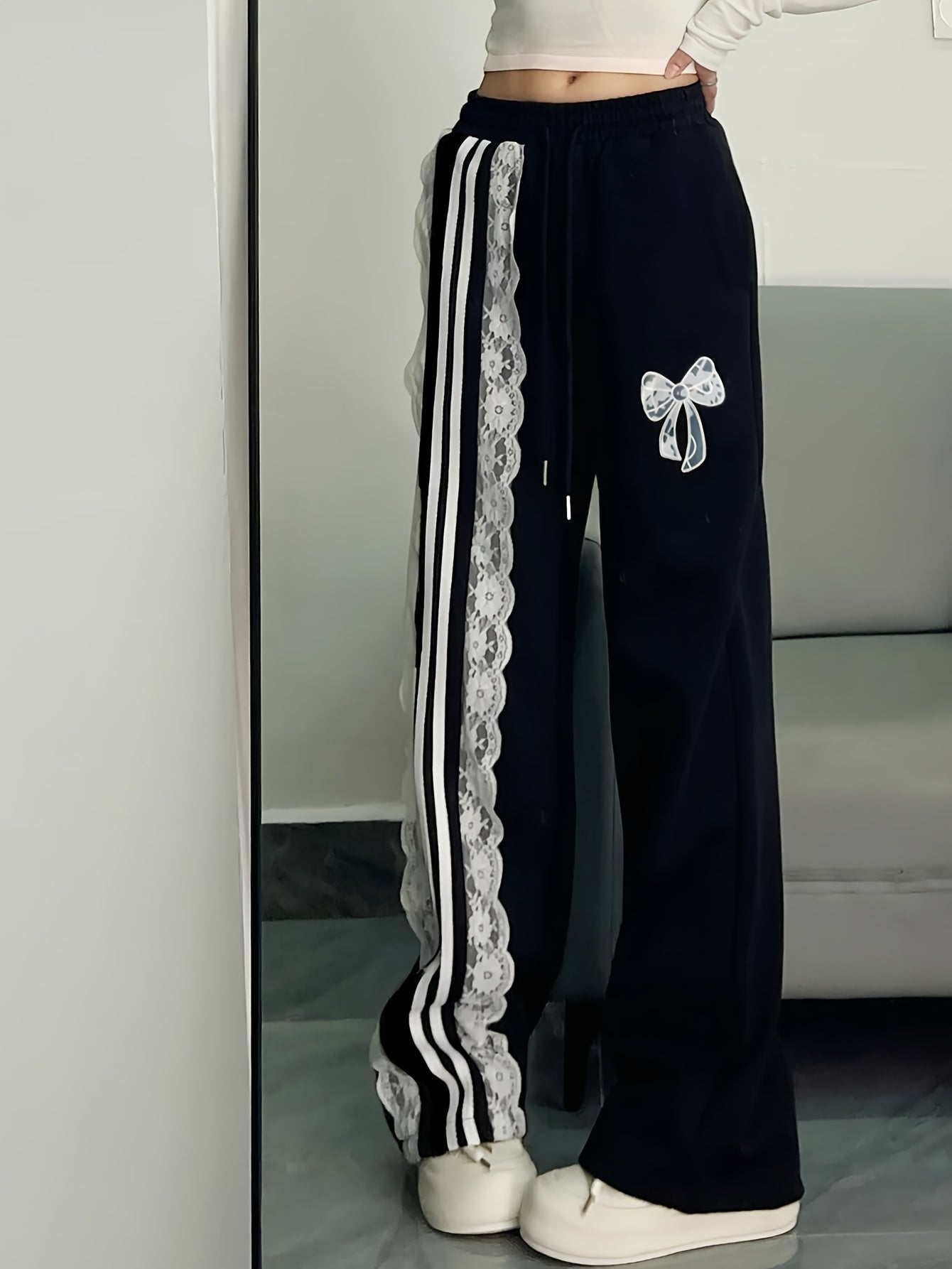 Wide-Leg Pants with Contrast Lace Trim & Pockets