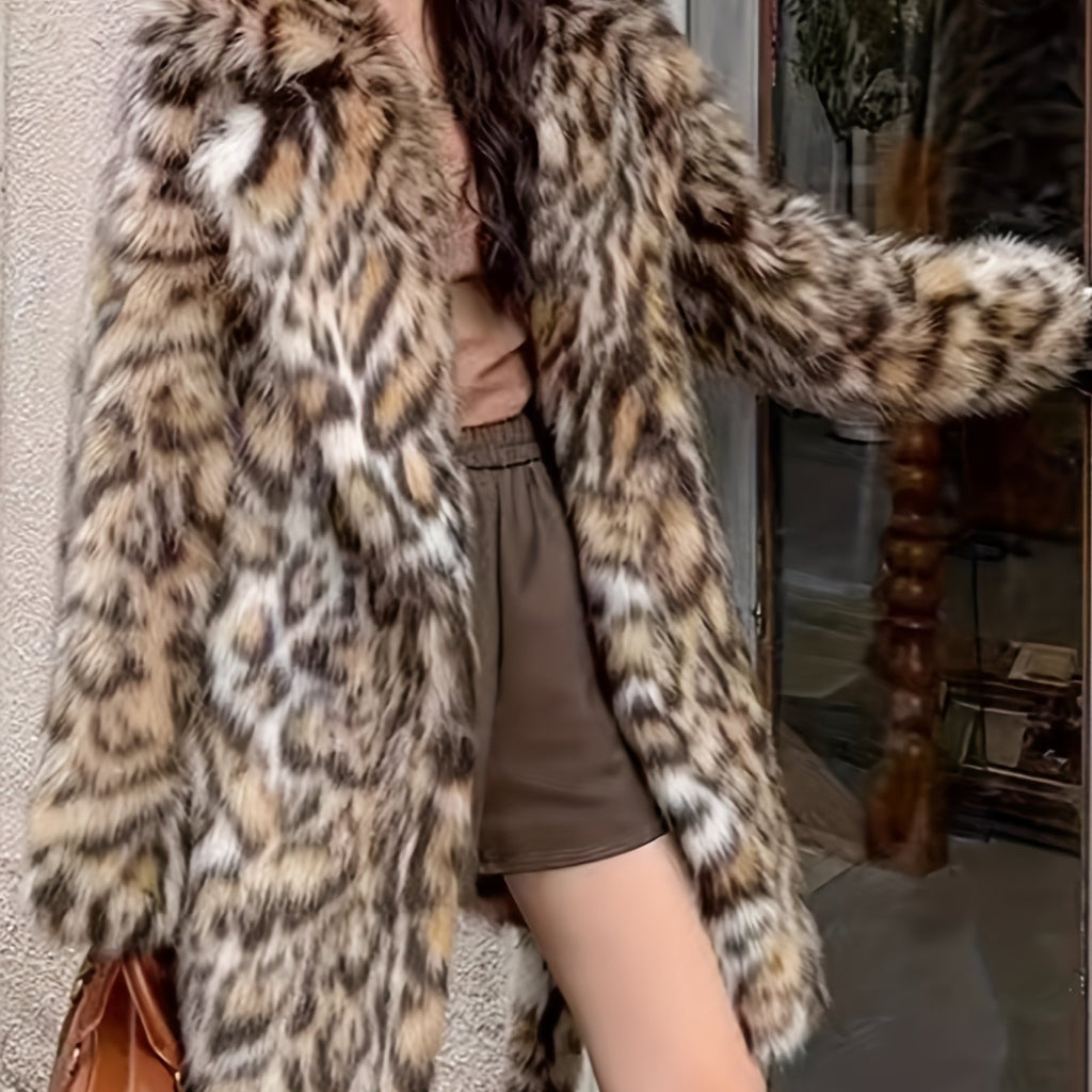 's Winter Warm Faux Fur Jacket - Elegant Collar Mid-Length Coat with White-Tipped Black Fur Trim, Machine Washable & Dry Cleanable, Casual Outerwear for Cold Weather (Leopard-like Appearance Without Pattern) - Coat for All