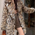 's Winter Warm Faux Fur Jacket - Elegant Collar Mid-Length Coat with White-Tipped Black Fur Trim, Machine Washable & Dry Cleanable, Casual Outerwear for Cold Weather (Leopard-like Appearance Without Pattern) - Coat for All