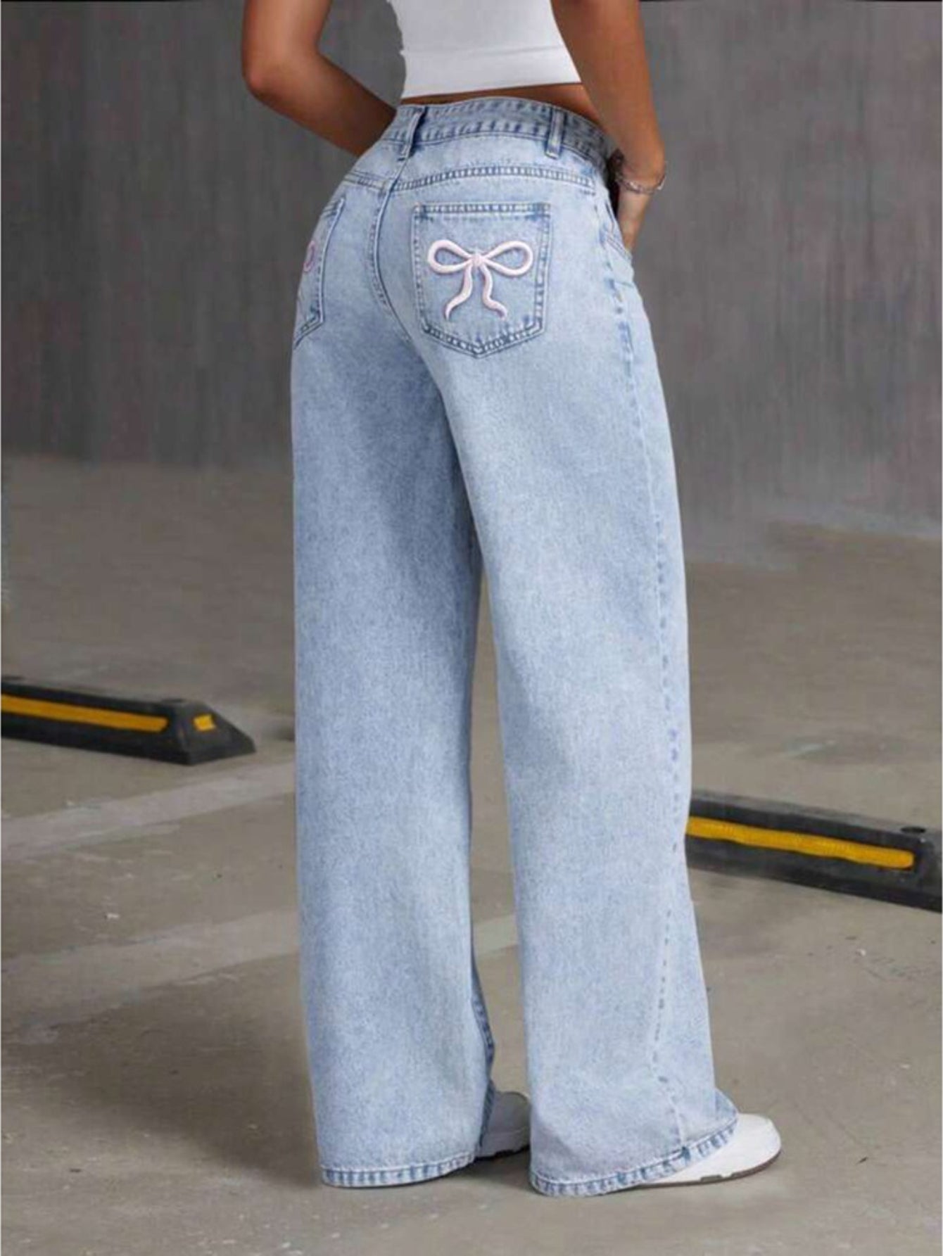 Light Blue High - Waisted Wide - Leg Jeans. Two Styles: Bow Embroidery & Cherry Embroidery