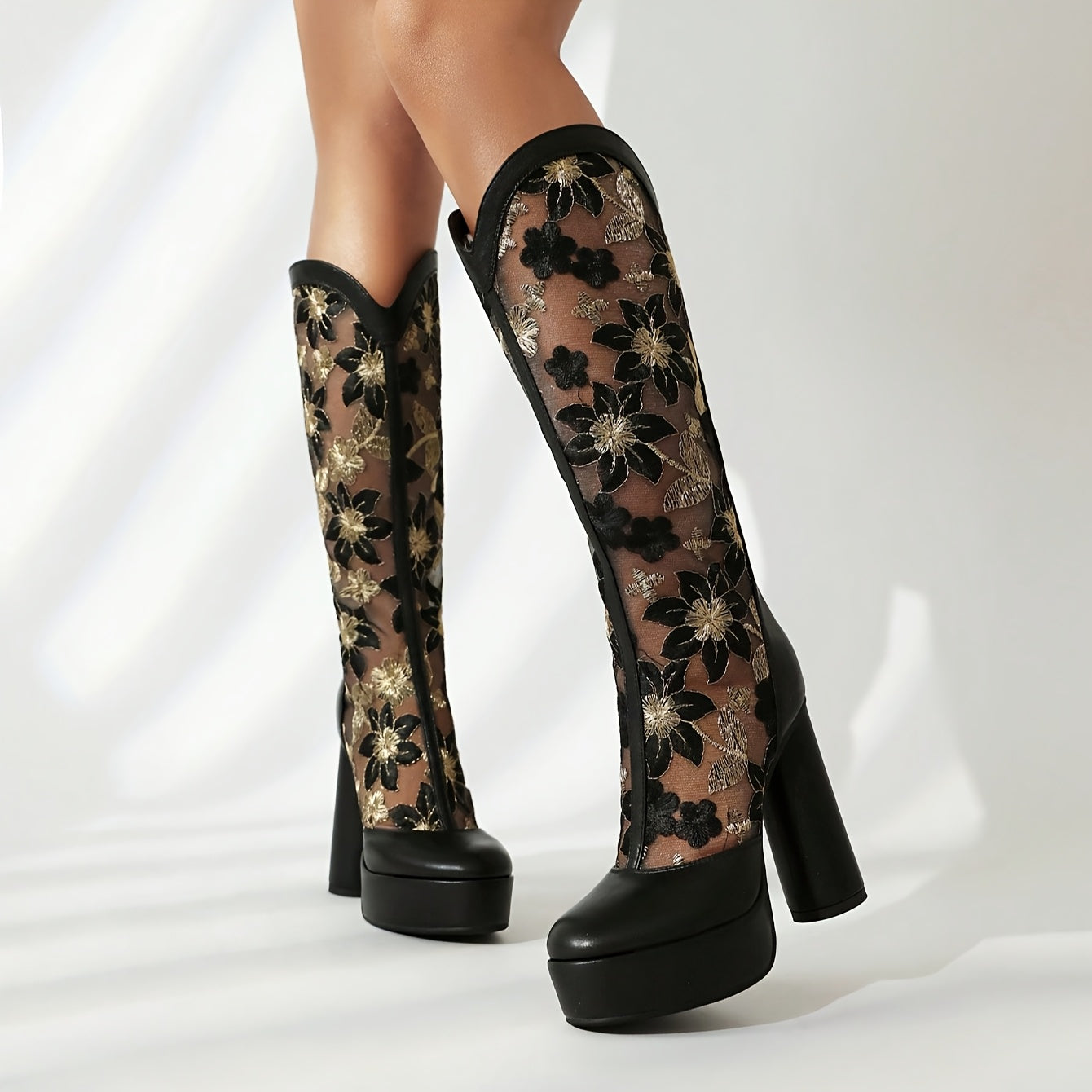 Lace Mesh Embroidered Mid-Calf Boots