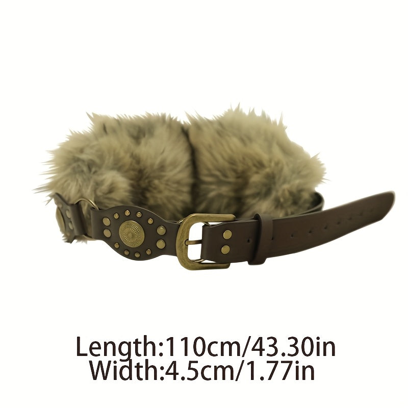 PU Belt - Coffee Brown With Fluffy Fur Accent