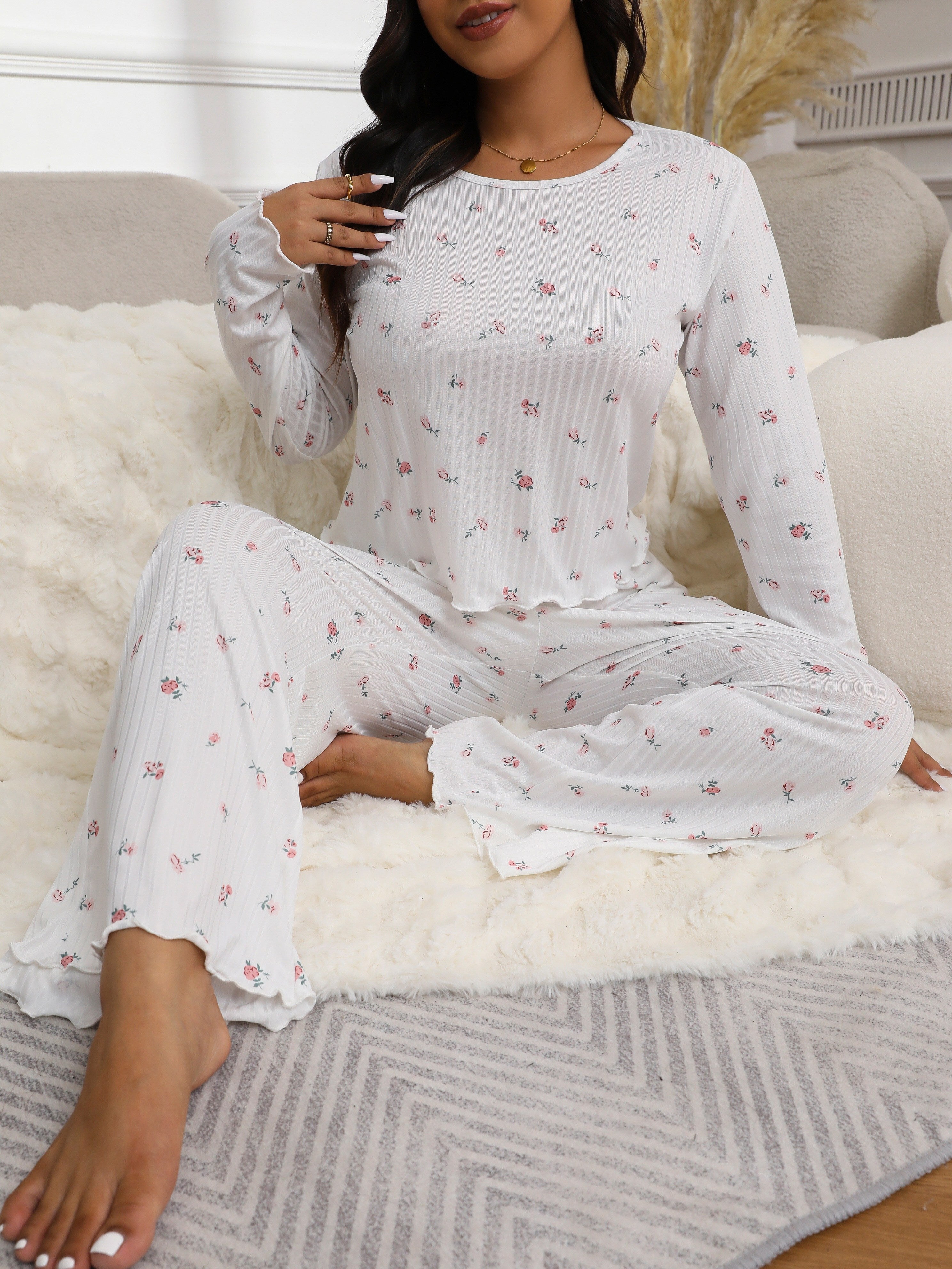 Floral Print Textured Fabric Long Sleeve Pantsuit for Autumn and Winter