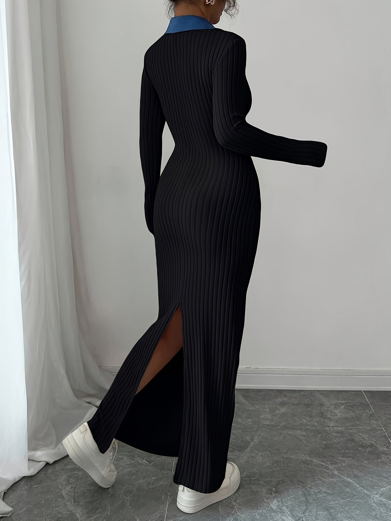 Long Sleeve Slim-Fit Autumn/Winter Dress with Contrast Stripe and Collar Button Design