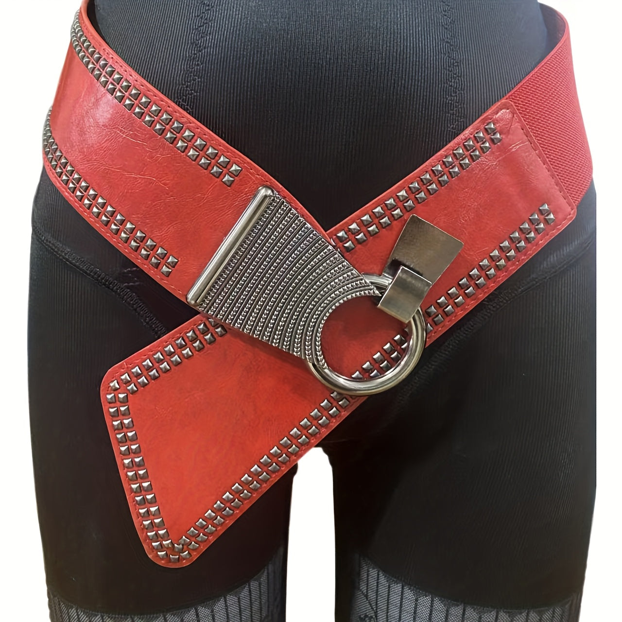 2025 New Vintage Bohemian Rivet-Embellished Elastic Wide Belts | Unisex, Fashionable Loose Fit, Faux Leather, Ferroalloy Buckle, Red Color