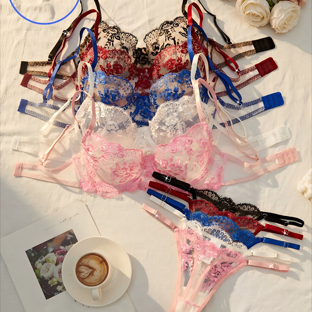 [3pcs} Floral Embroidery Lingerie