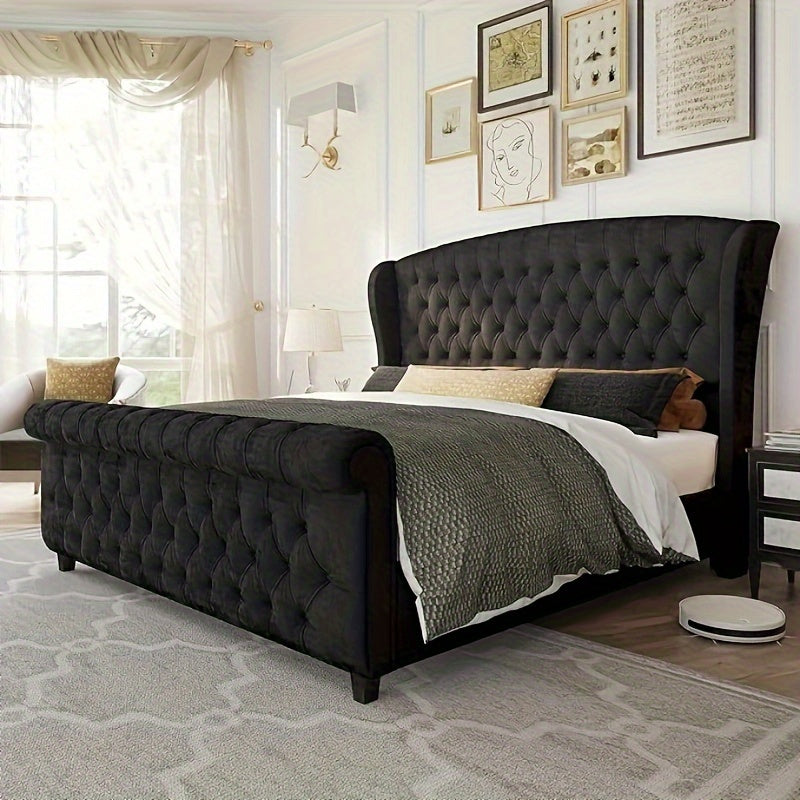 Queen Size Chenille Upholstered Platform Bed Frame with Scroll Wingback Headboard and Footboard