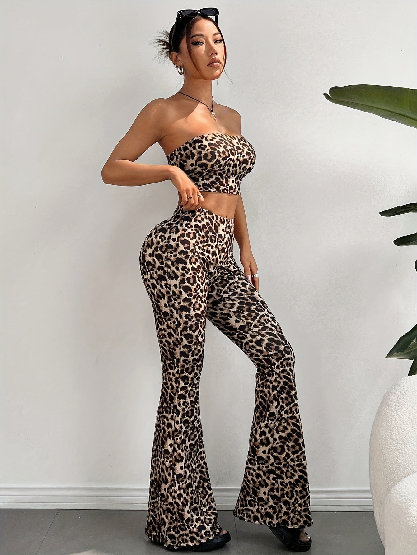 Leopard Print Bodycon Mini Dress with Bell Sleeves and Flared Pants