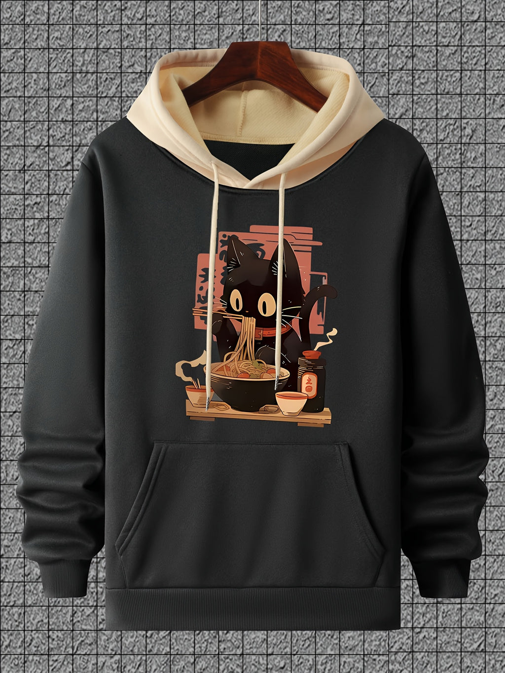 Casual Polyester Hoodie with Black Cat Eating Ramen Print