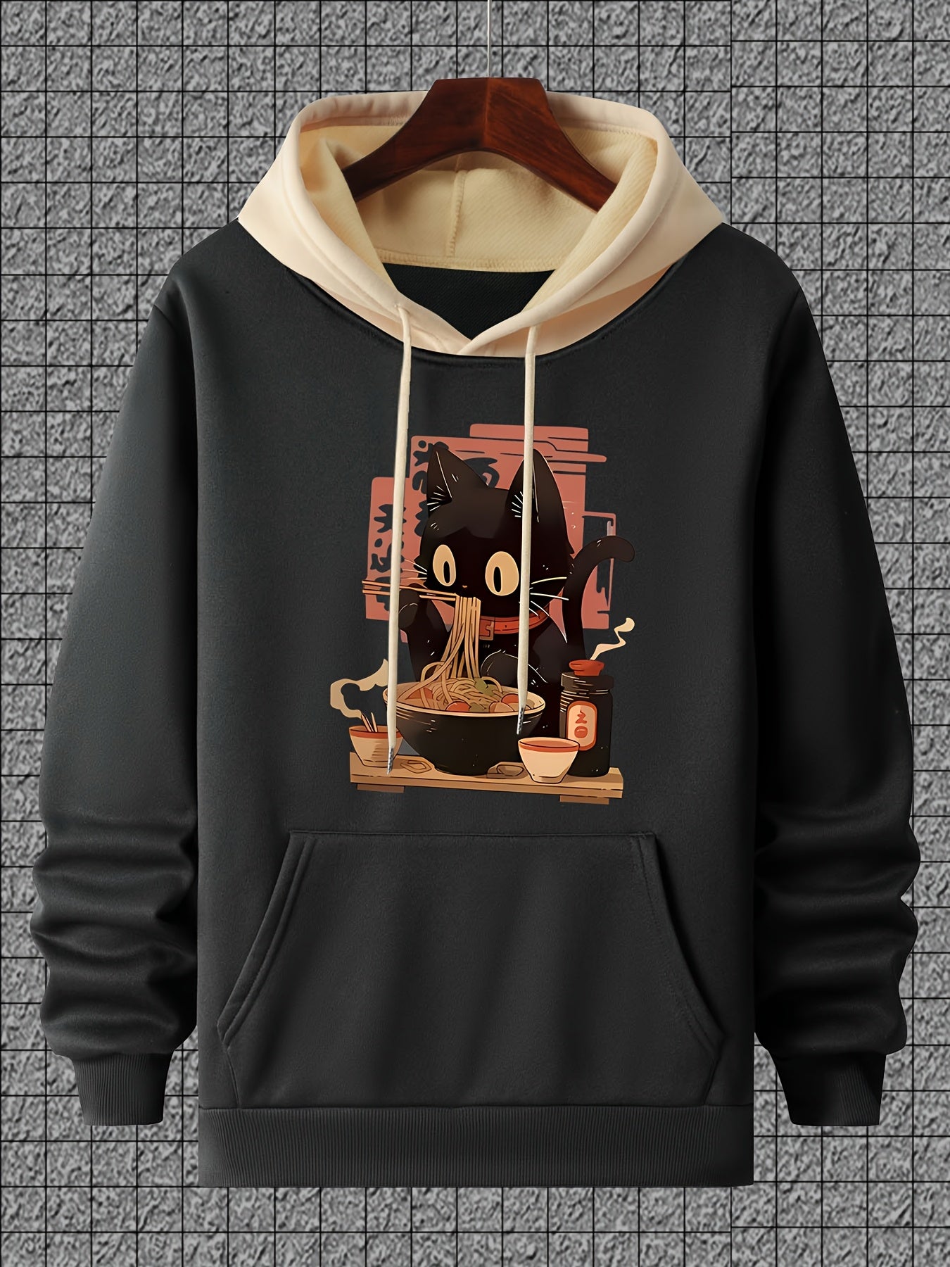 Casual Polyester Hoodie with Black Cat Eating Ramen Print