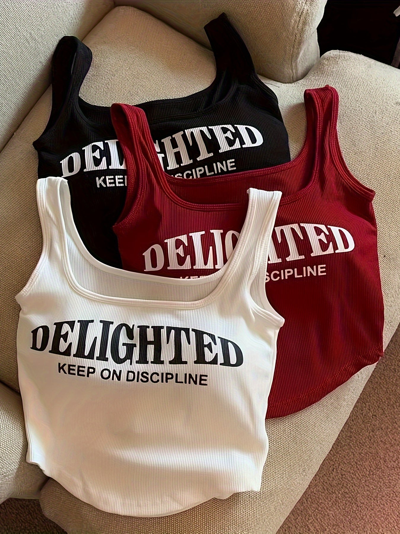 3pcs Casual Knit Fabric Sleeveless Tops with Built-In Non-removable Padding