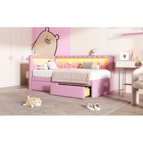 Modern White Upholstered Twin Size Platform Bed with USB Ports & RGB LED